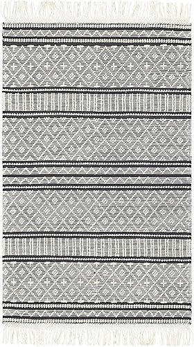 Miniatura 9 de Hauteloom Leon - Alfombra marroquí bohemia de lana para sala de estar y dormitorio, alfombra bohemia hecha a mano con enrejado, color negro, blanco,