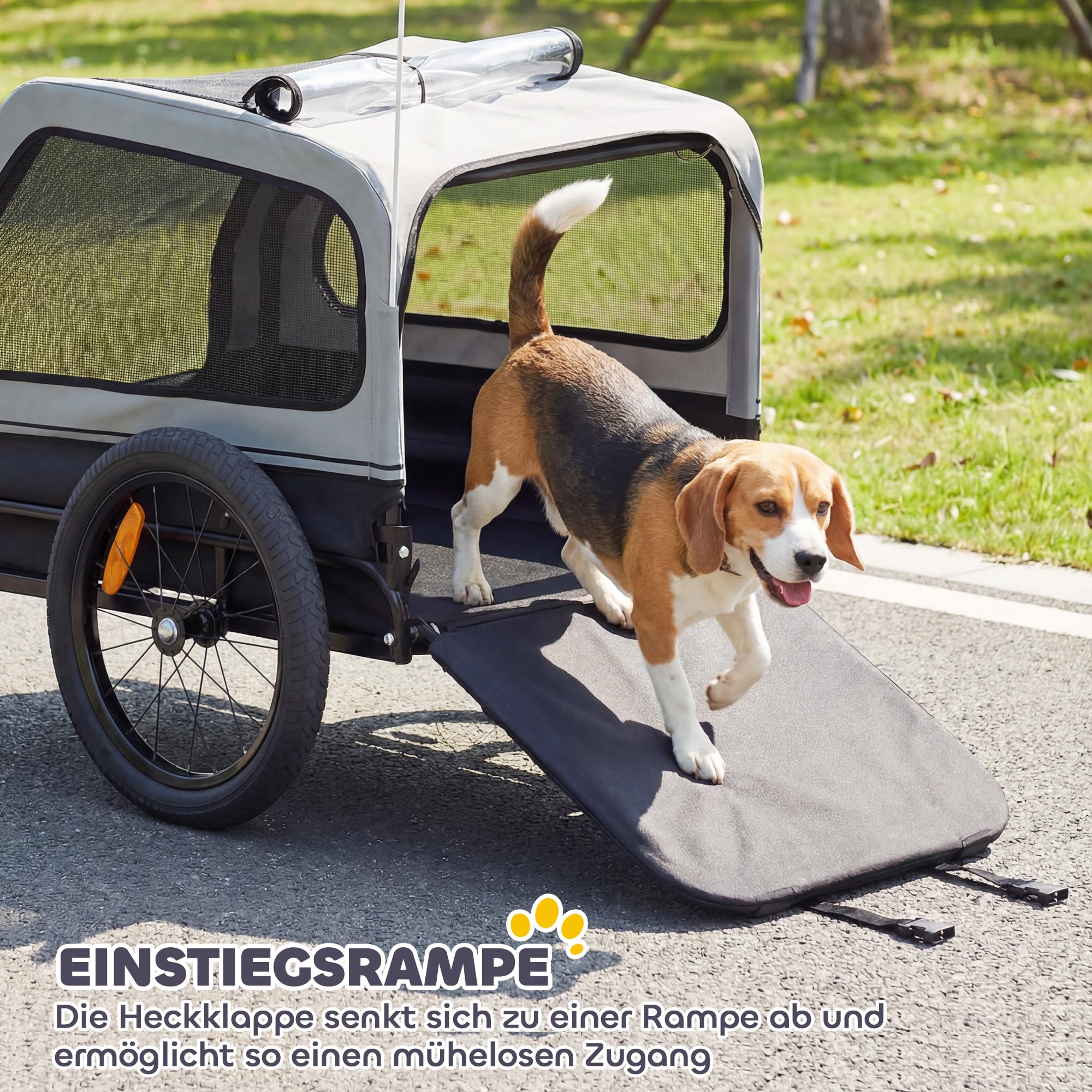 PawHut Fahrradanhänger für Hunde Faltbar Hundeanhänger für Kleine und Mittelgroße Hunde bis 20kg Hundefahrradanhänger mit herunterklappbare Rampe Reflektoren Leine Flagge 138 x 69 x 70 cm Grau