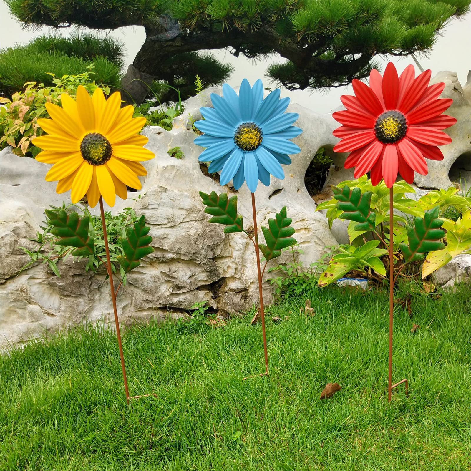 Décoration Rotative Métal Pour Extérieur - Girouette Fleur Colorée 95 Cm - Résiste Aux Intempéries
