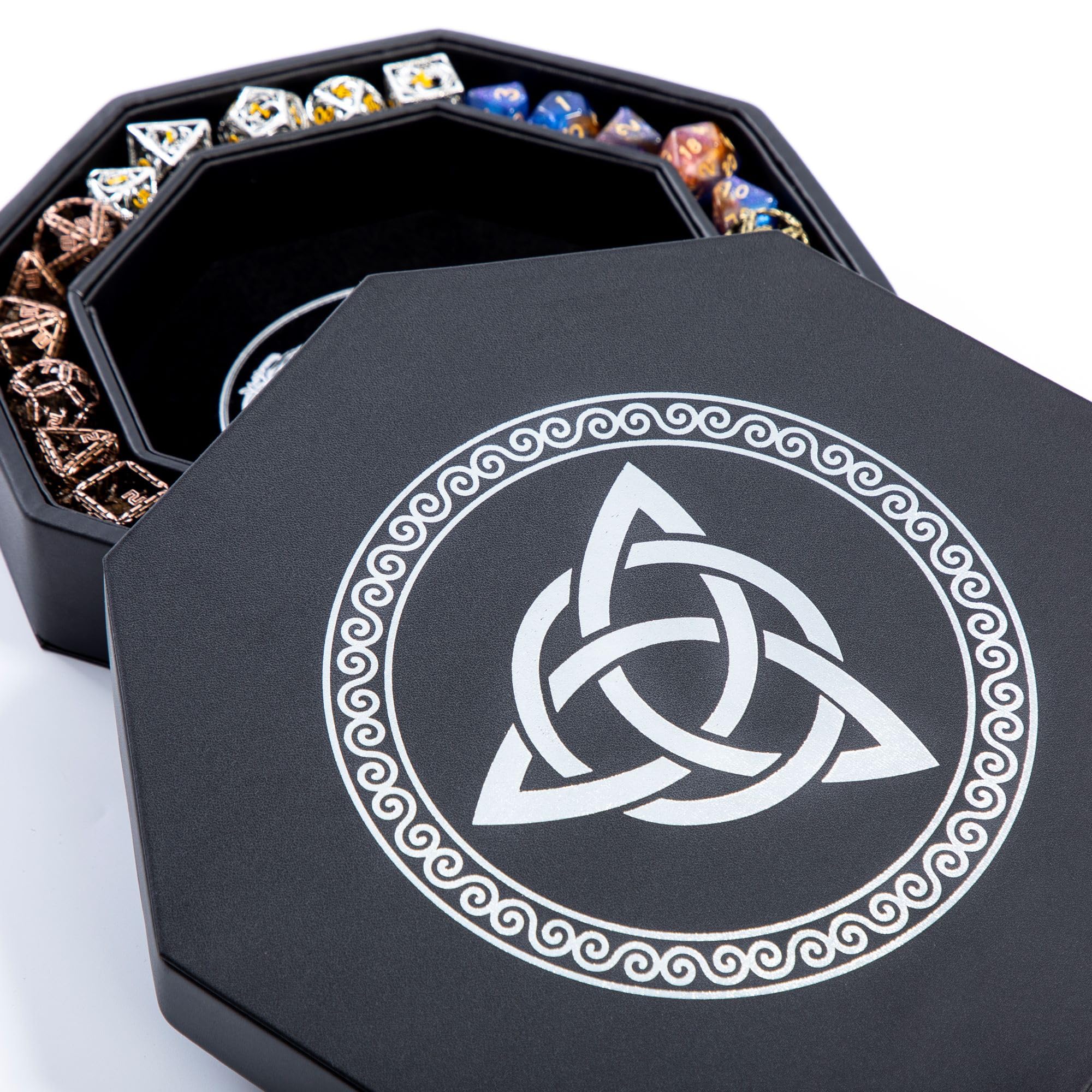 DND Dice Tray - Premium 8 Inch Dice Tray Dungeons and Dragons - Exquisitely Detailed Silver World Tree & Triquetra Design - Perfect RPG Dice Rolling Tray with D&D Dice Box Storage to Protect Dice