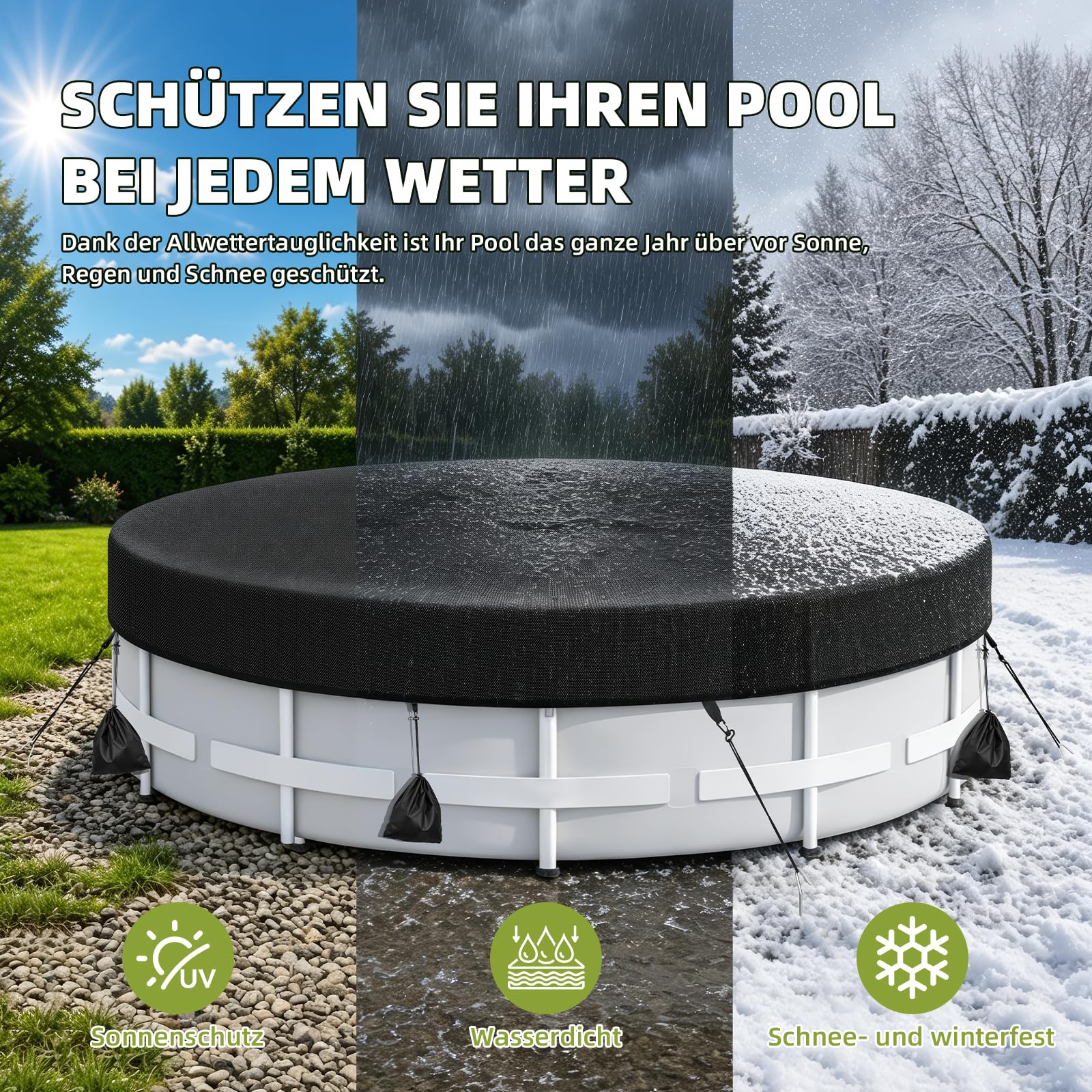 Bâche de piscine ronde de 366 cm avec cordon de serrage, sac de poids et clous de sol