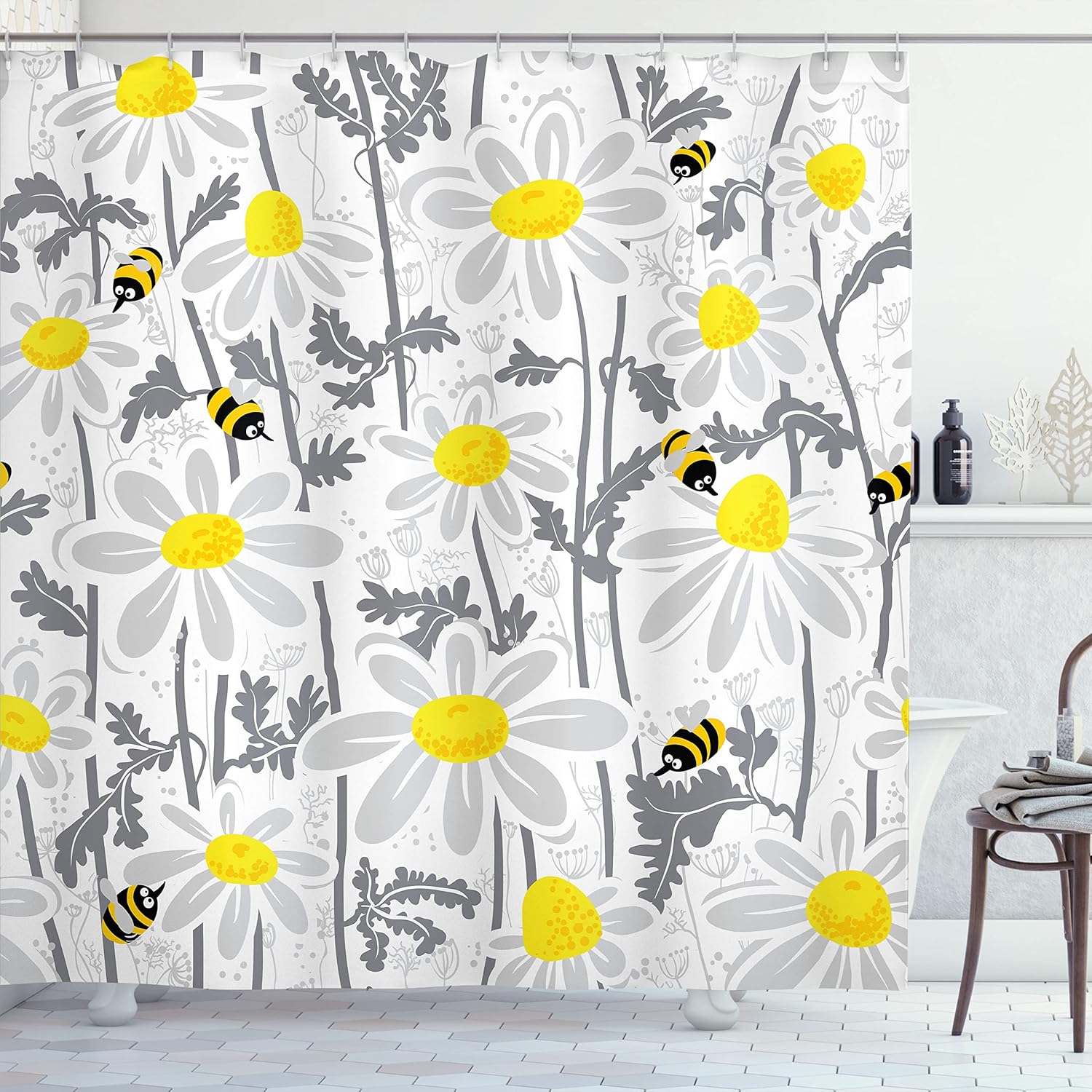 Ambesonne Grey Shower Curtain, Daisy Flowers Bees in Spring Time Honey Petals Floret Nature Purity Blooming, Cloth Fabric Bathroom Decor Set with Hooks, 69" W x 84" L, Yellow White