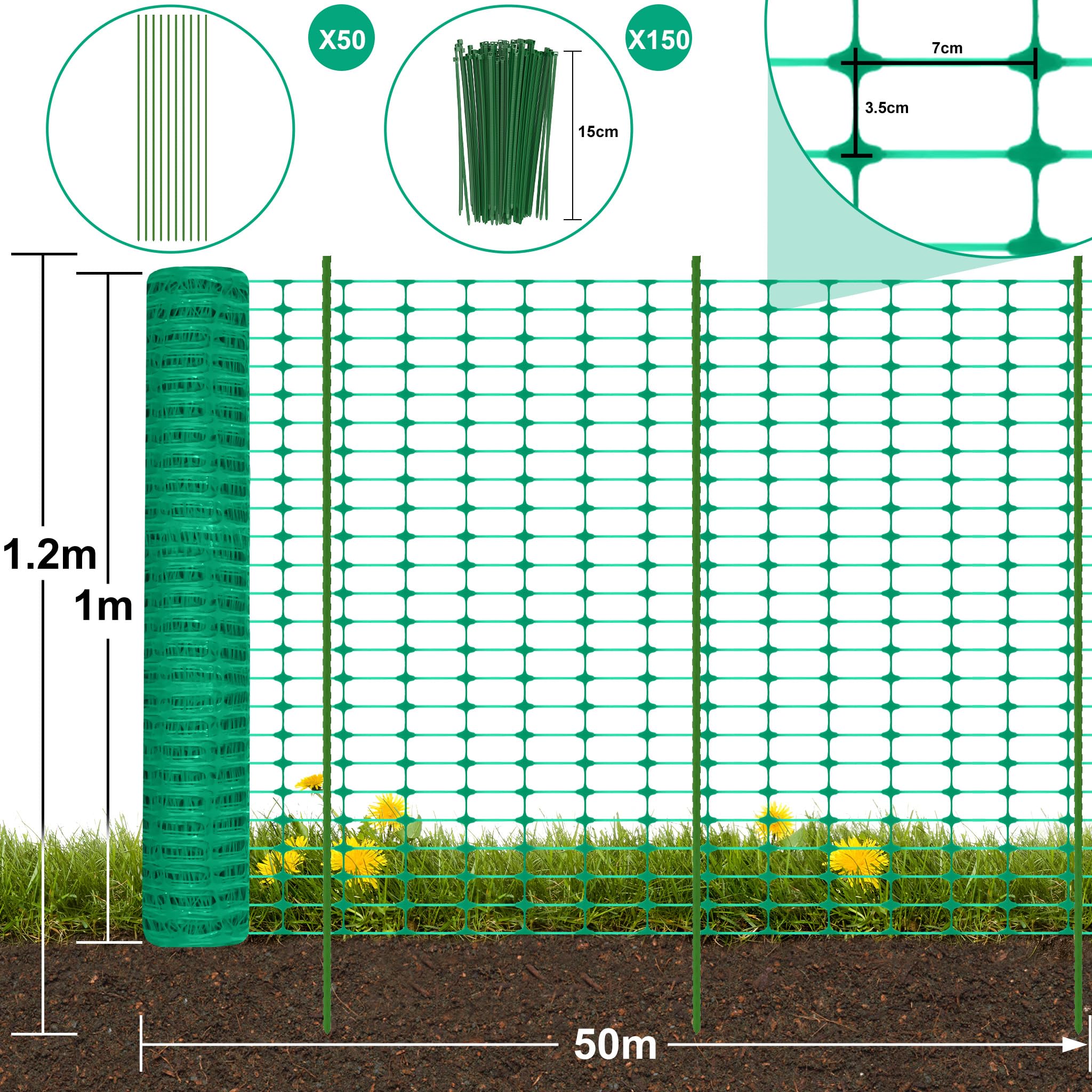 XMTECH Filet d'avertissement de sécurité 50 m - 1 m de haut avec 50 piquets, vert, clôture de chantier, filet de protection pour zones de sécurité et de danger (1 rouleau)
