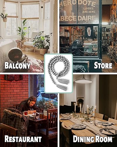 Miniatura 6 de Guirnalda de cuentas de madera con borlas, guirnalda de cuentas de madera gris de 61 pulgadas, decoración moderna de granja, decoración bohemia para