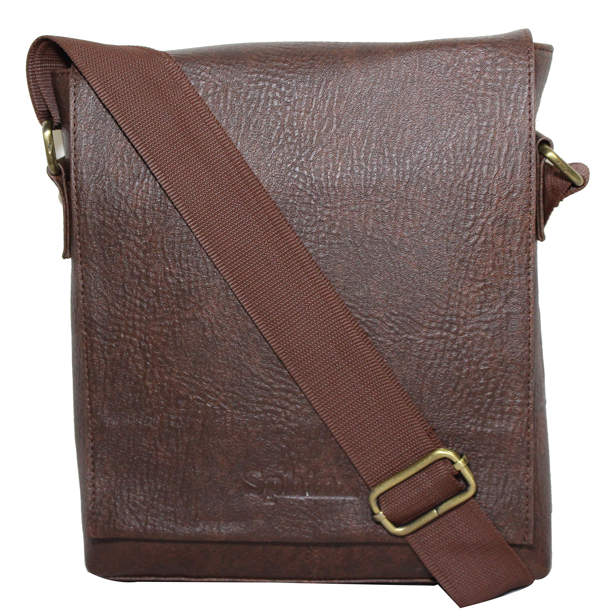 Sphinx Artificial Leather Long Flap Cross-Body Sling Bag for Men/Boys - (L x B x H: 25 x 22 x 7 cm) (Granular Dark Brown)