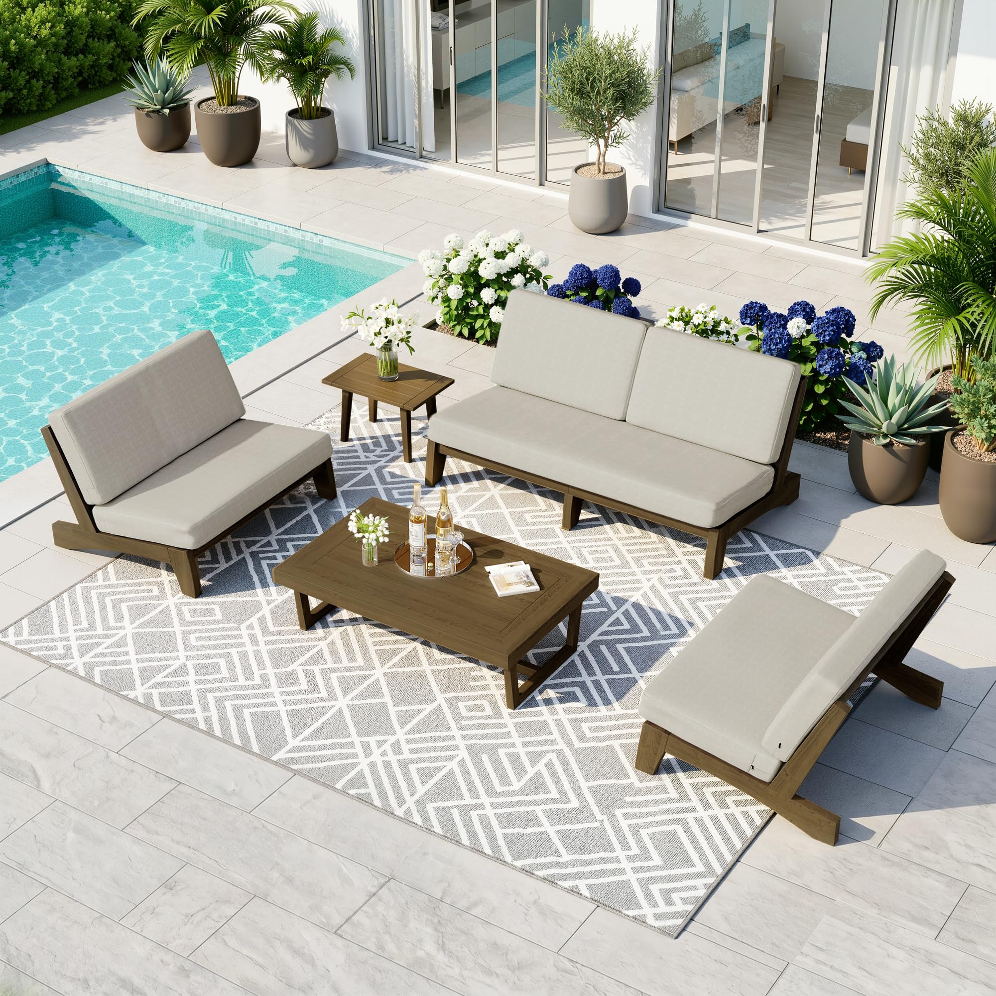 Pia Ricoo 5-Piece Patio Furniture Set, Outdoor Sofa with 2 Loveseat, 2 Chairs &amp; Coffee Table, All-Weather Conversation Set for Backyard/Deck/Lawn - Light Camel