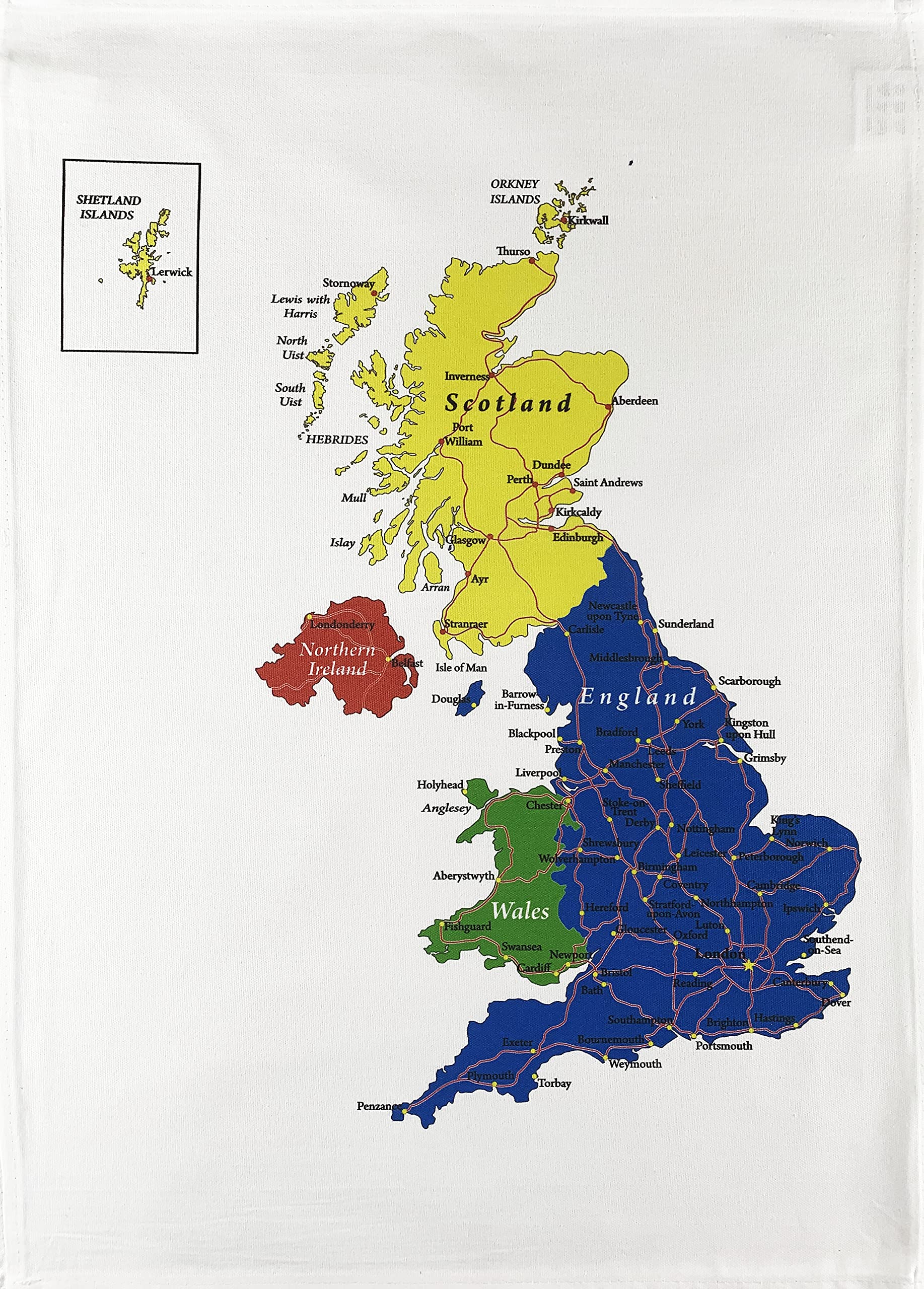 Half A Donkey White Colourful Map Of The British Isles And Northern Ireland - Large Cotton Tea Towel