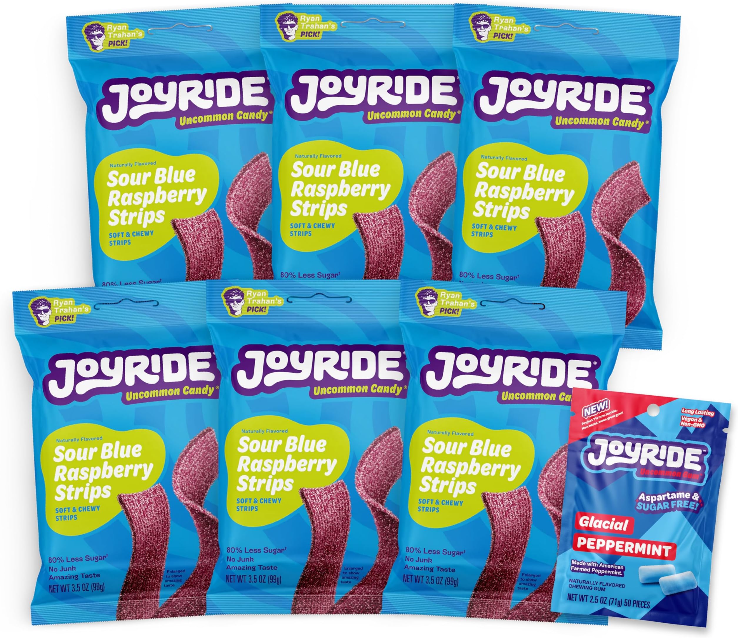 JOYRIDE Blue Raspberry Sour Strips - 3.5 oz 6-Pack Bundle with 2.5oz Glacial Peppermint Gum, Low Sugar, Sour Belt Candy, Dye Free, Low Calorie Snacks, Healthy Candy (7 Items)