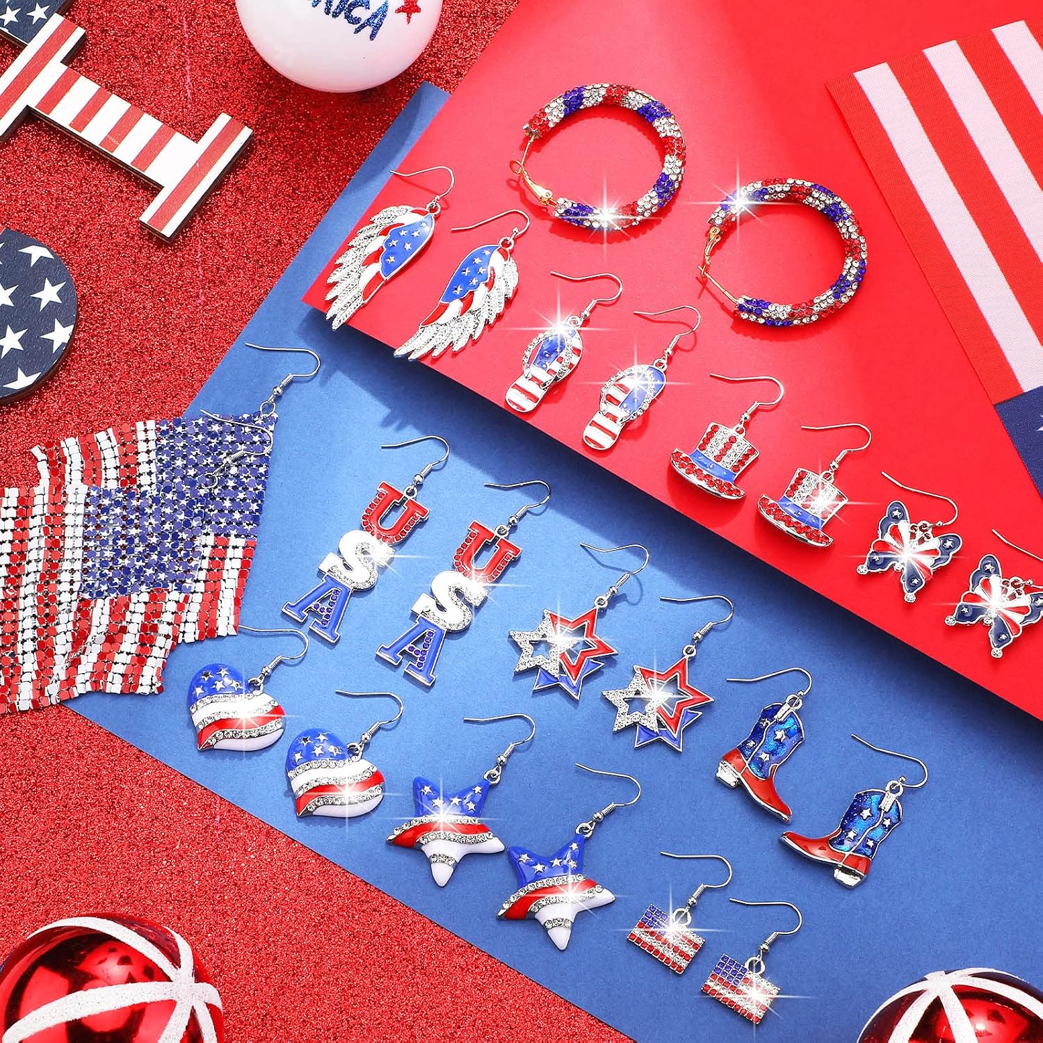 Bucherry 24 Pairs 4th of July American Flag Earrings - Dangle, Patriotic, Red, White & Blue - Independence Day, Bulk Gift for Women