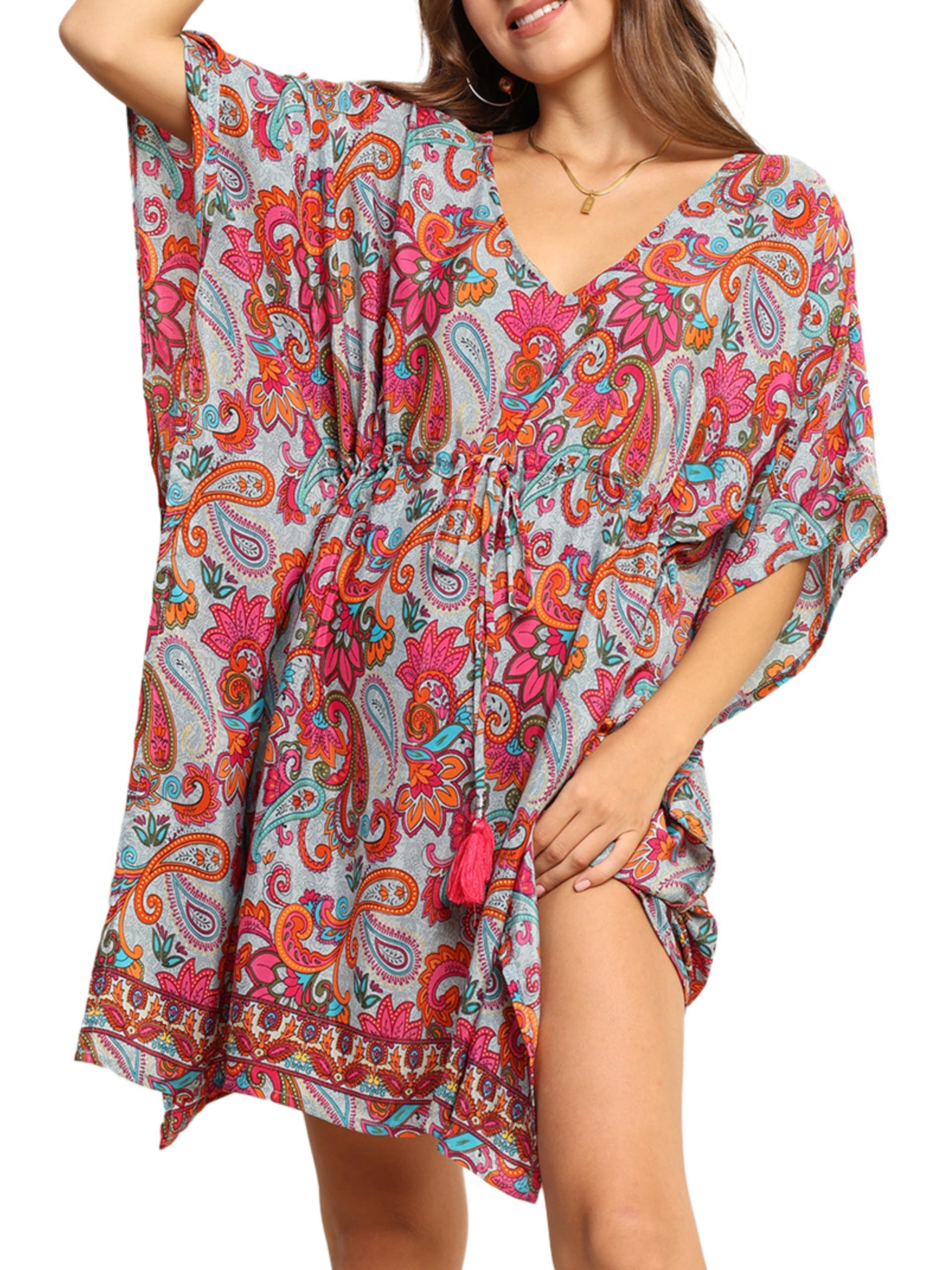 KE KANHA EXPORTS Kaftan Dress|kafthan Dress for Women|Kaftan Kurti for Women|Beach wear Dress for Women|Boho Beach|Border Print Drawstring Tassel|Printed|Easily fits M to XXL|Bust32-42in Length36in