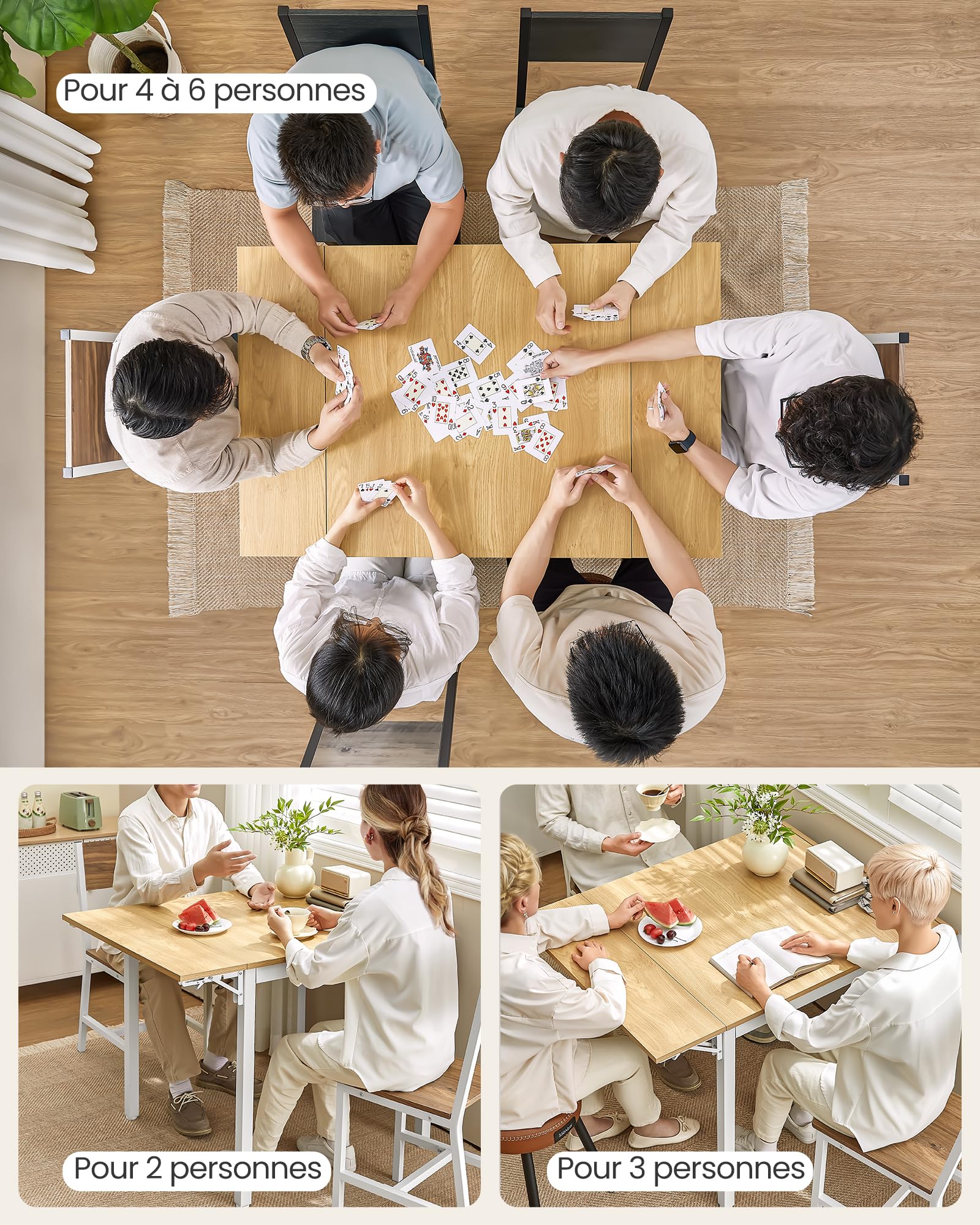 VASAGLE Table de Salle à Manger Pliable, Table de Cuisine Extensible, Bureau, pour 2 à 4 Personnes, Rectangulaire, avec Abattants, pour Petits Espaces, Couleur Chêne Naturel et Blanc Nuage KDT077Y01