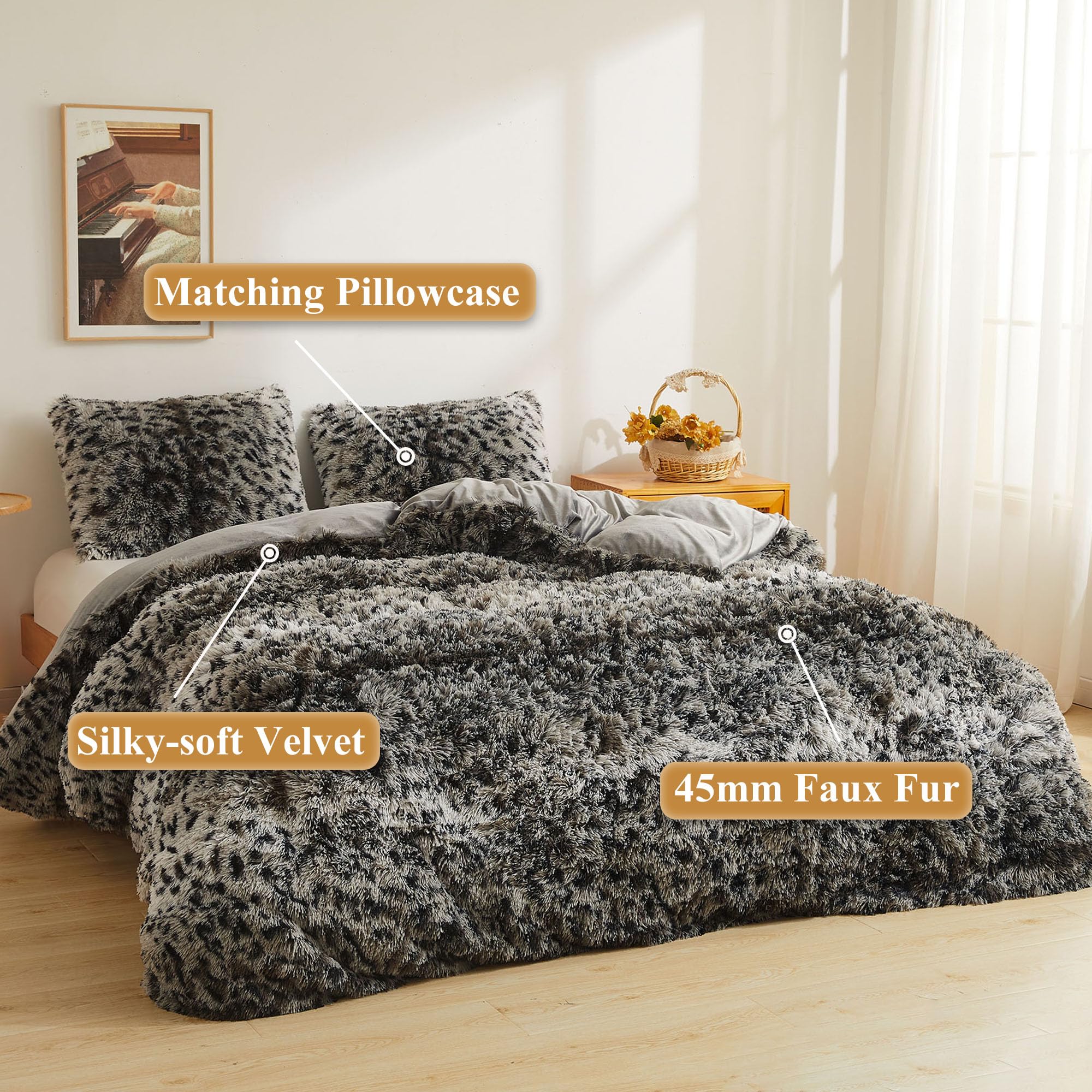 XeGe Tiger Print Fluffy Faux Fur Duvet Cover Set, 3 Pieces Soft Plush Shaggy Fuzzy Bedding Set(1 Farmhouse Comforter Cover + 2 Furry Pillow Cases), Zipper Closure(Queen, Tiger Print Brown)