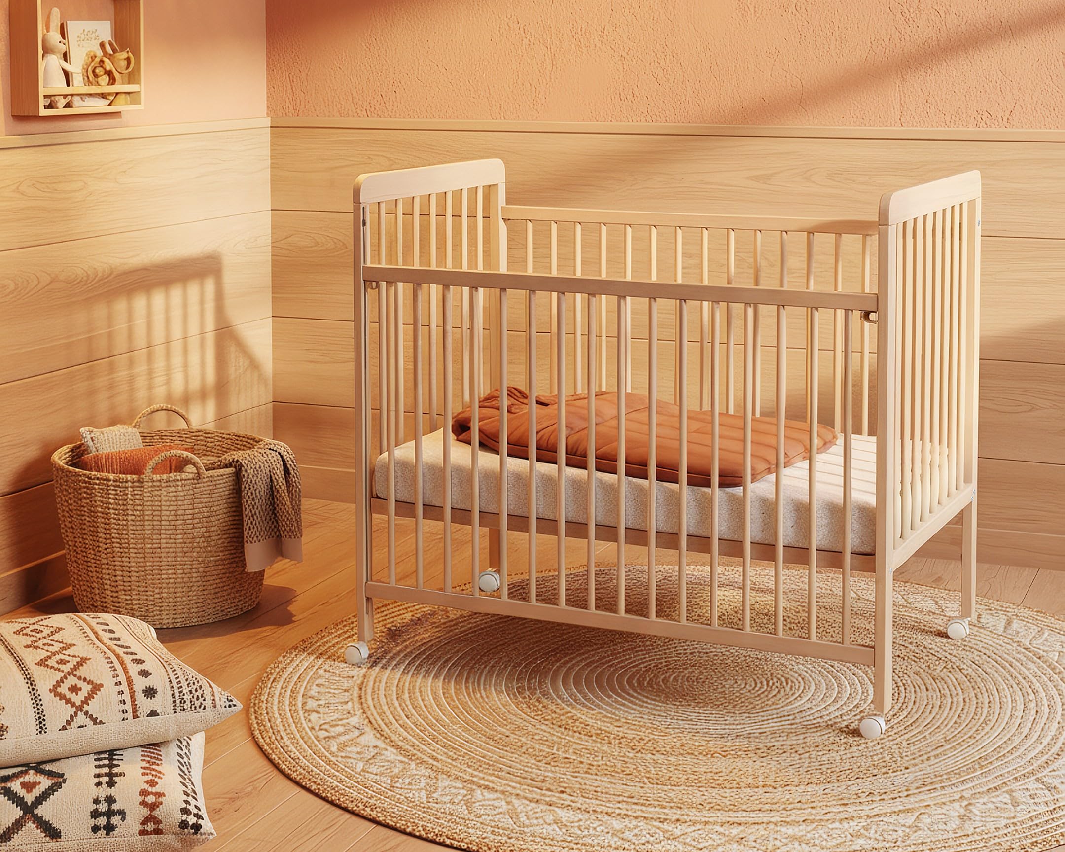 Webaby - Lettino bambini con sponde regolabile LIVO legno - Faggio verni - 60 x 120 | Base del cassone regolabile a 3 altezza | 4 ruote multidirezionali con freno