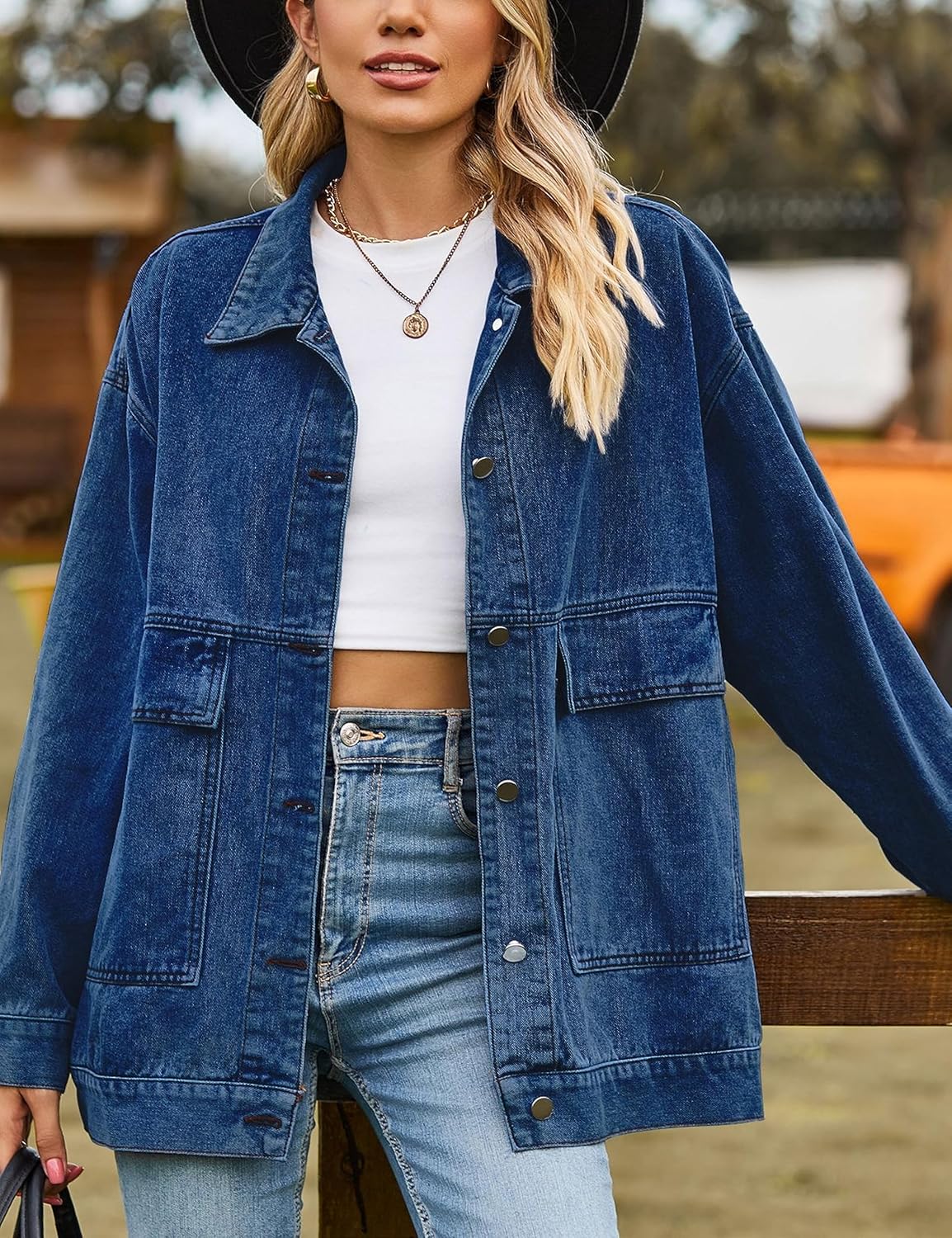 HangNiFang Aztec Denim Jacket Shacket for Women Button Down Vintage Distressed Blue Jean Jacket - Image 4