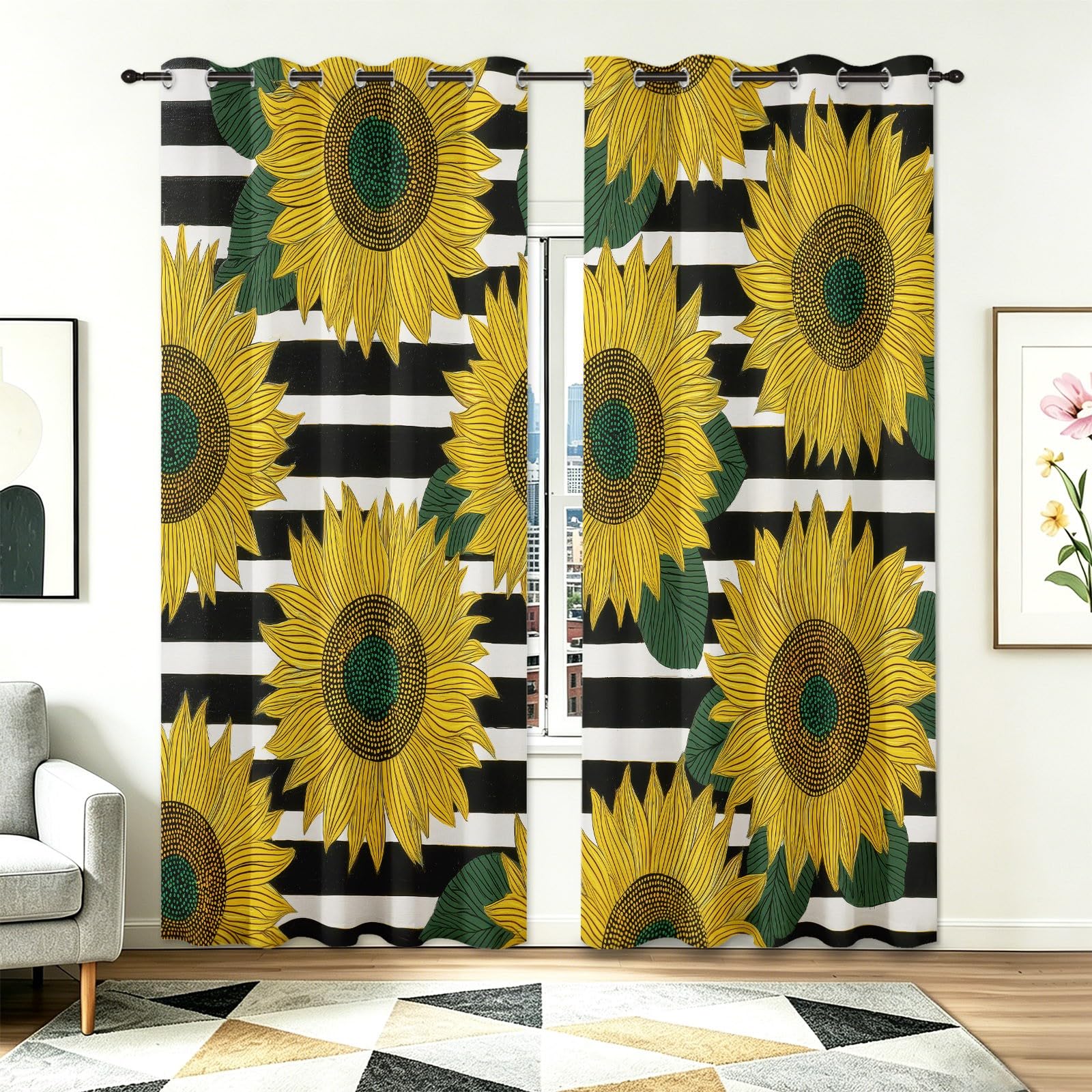 Gardinen Mehrfarbig H250 x B140 cm 2er Set, Modern Klassisch Streifen Blumen Sonnenblume Vorhang Blickdicht Ösen Vorhänge Wohnzimmer Thermovorhänge Sichtschutz Verdunklungsvorhänge für Schlafzimmer
