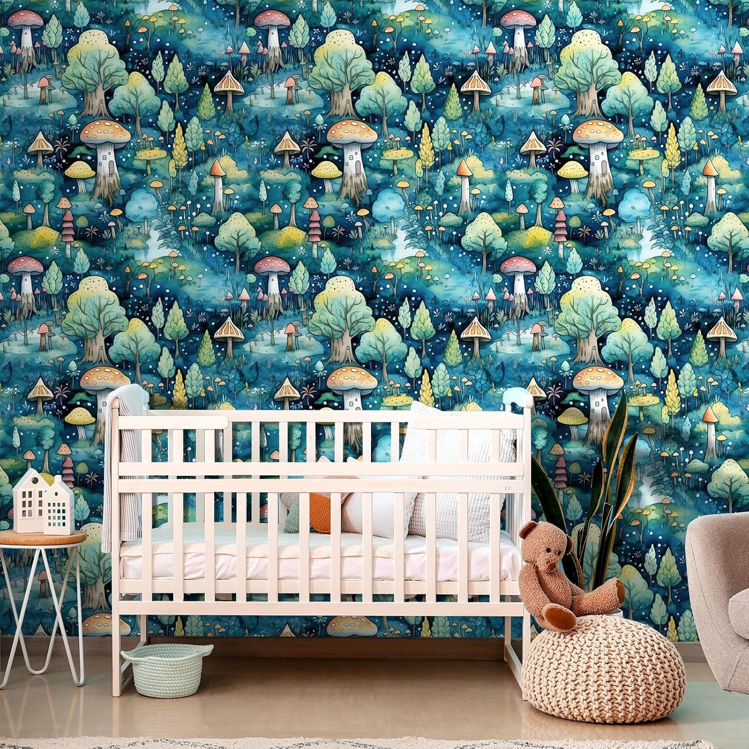 17.5"x475" Nursery Peel and Stick Wallpaper Mushroom Whimsical Wallpaper Fairy Forest Contact Paper Prepasted Removable Boho Green Botanical Wall Murals Mushroom Contact Paper for Laundry Room