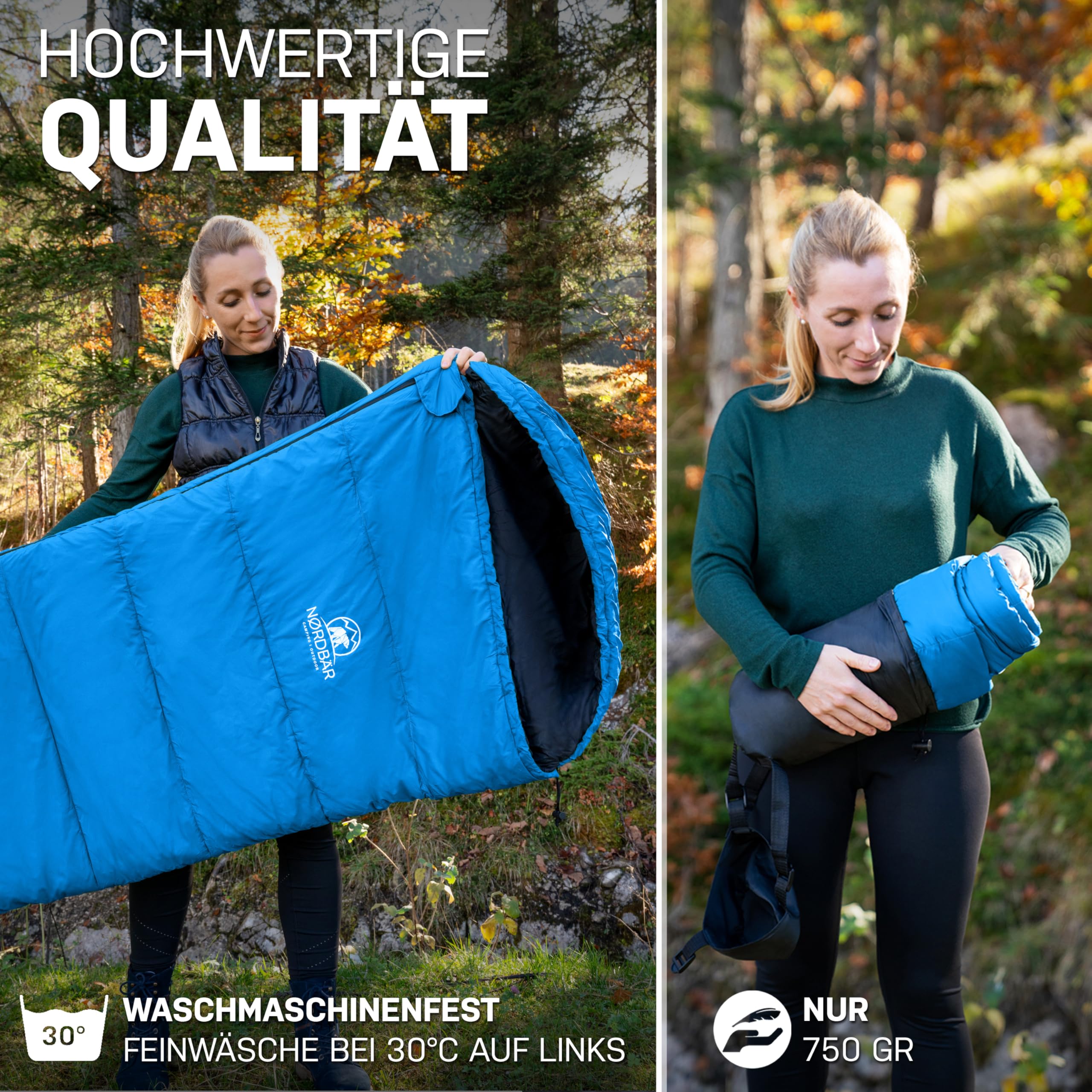 NORDBÄR® Schlafsack 3 Jahreszeiten & Sommer Ultraleicht [750g/1500g] | Camping Mumienschlafsack | kleines Packmaß [100GSM/300GMS] | Outdoor Reise Hüttenschlafsack| Sommerschlafsack