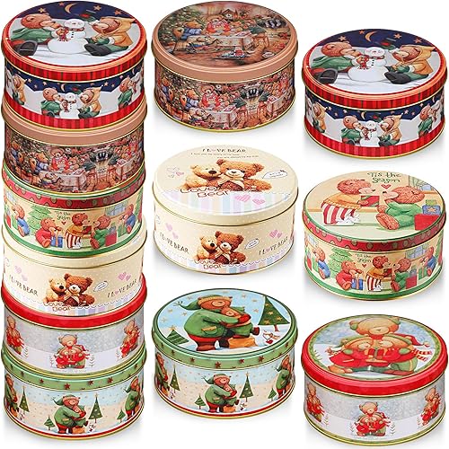 Miniatura 8 de Yaomiao Paquete de 12 latas de galletas de Navidad con tapas para regalar, pequeños recipientes de lata de Navidad redondos de metal, tarros de