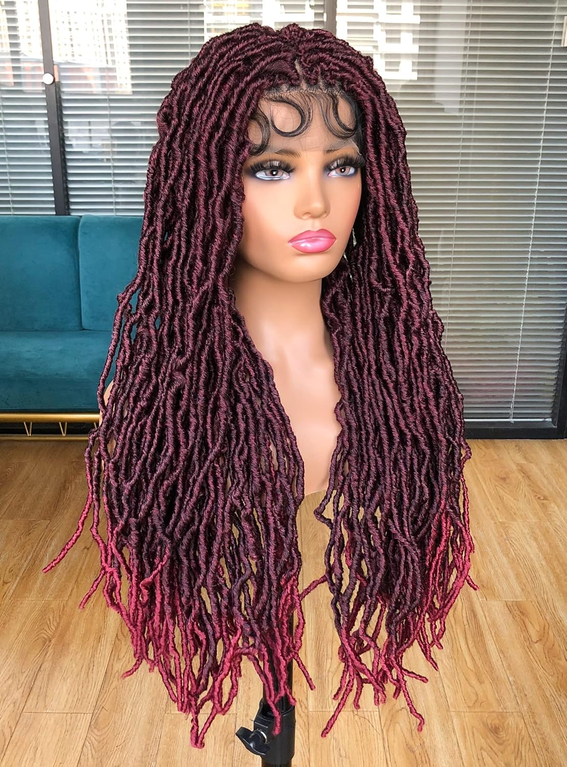 Annivia 32Inch Full Double Lace Box Braided Wigs for Black Women Faux Locs Square Knotless Wigs with Baby Hair Long Dreadlock Wig Natural Black Hand-braided Synthetic Twist Lace locs Wig Ombre Red