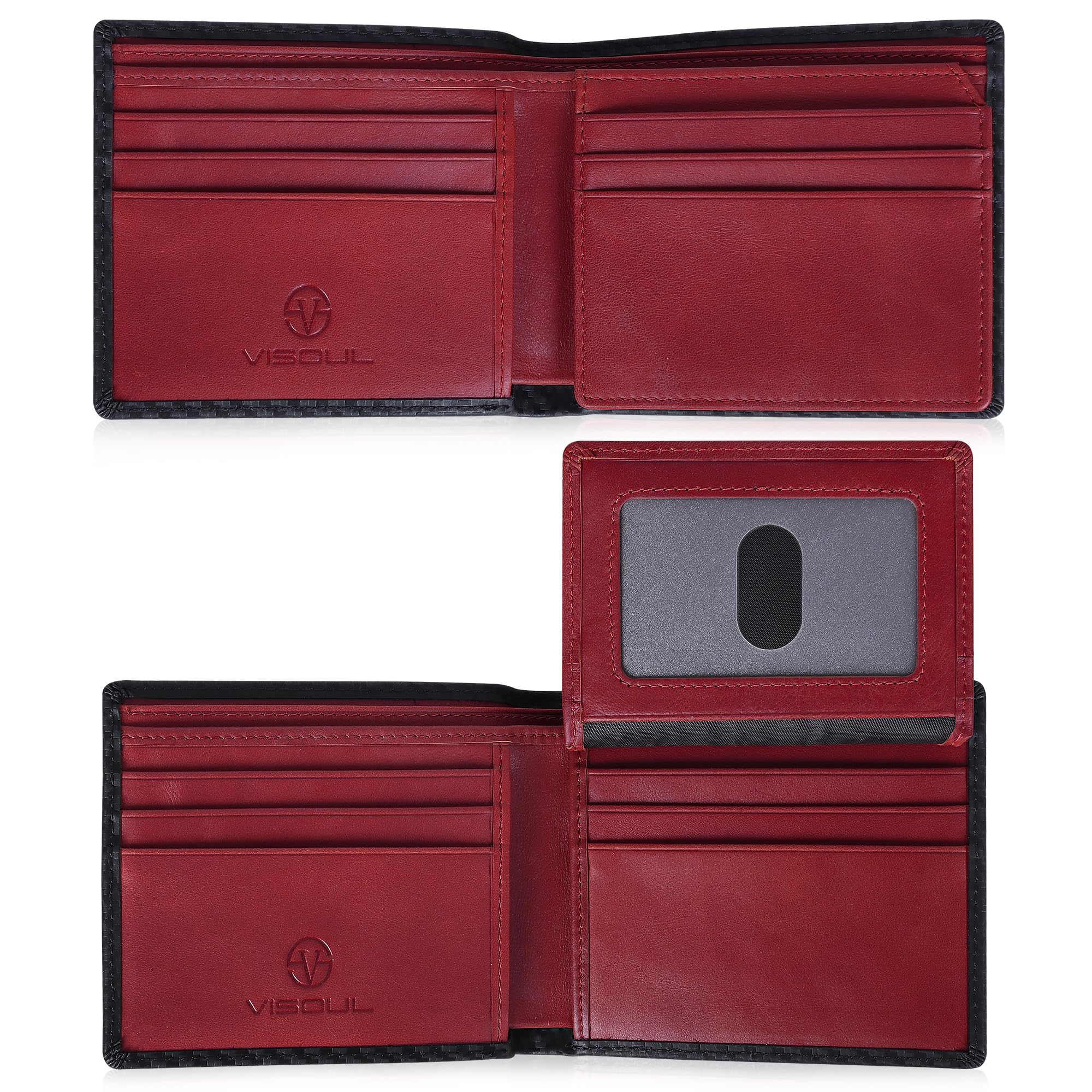 VISOUL Cartera de Cuero de Fibra Carbono para Hombres con Bloqueo RFID Billetera Plegable de Cuero Genuino Hombres con Ventana de ID Abatible hacia Arriba y 9 Ranuras para Tarjetas-Negro+Rojo Marrón