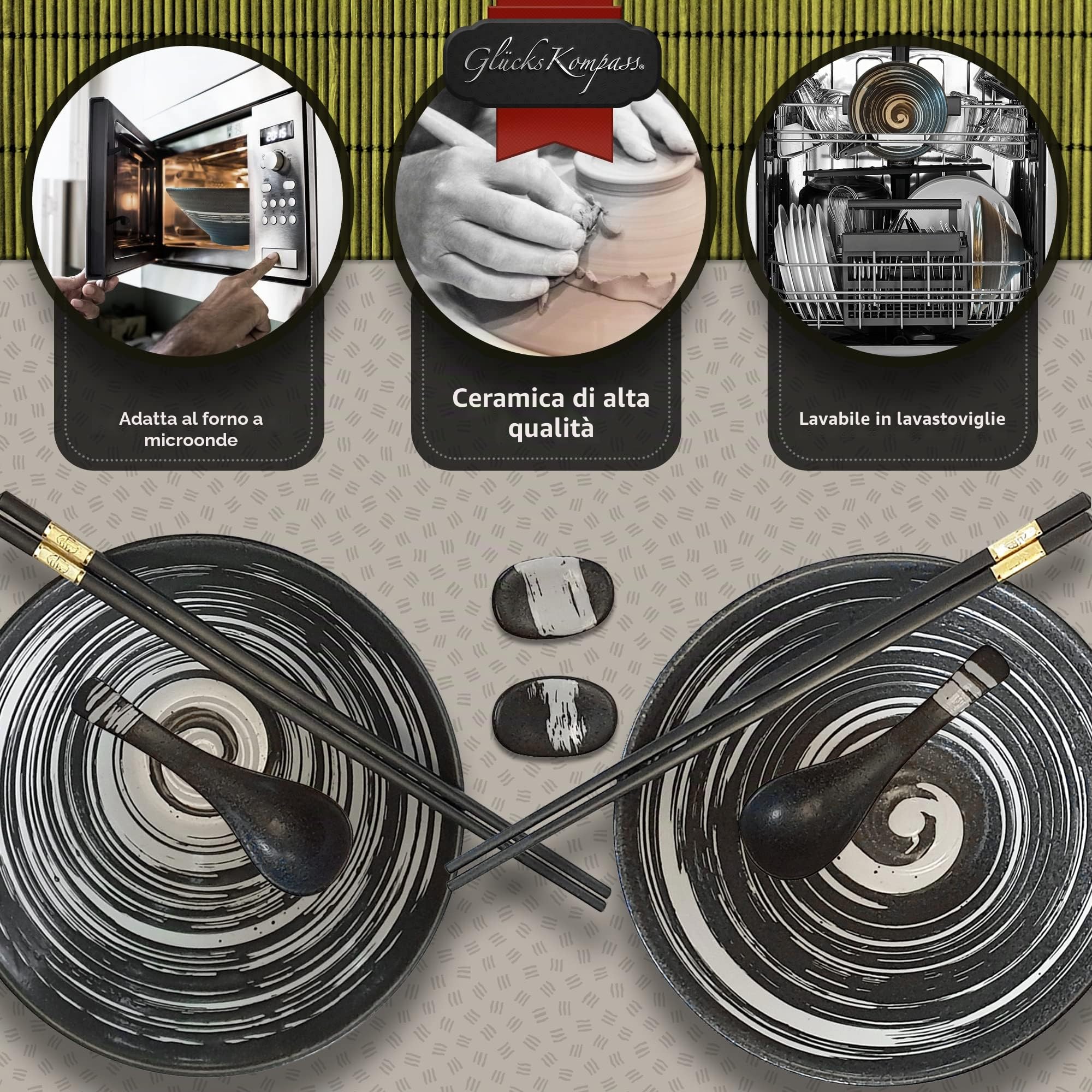 Set di ciotole per ramen giapponese in ceramica, grande: diametro 20 cm | Ciotola per zuppa, ciotola per riso asiatica, ciotola cinese, stoviglie tailandesi, cucchiaio