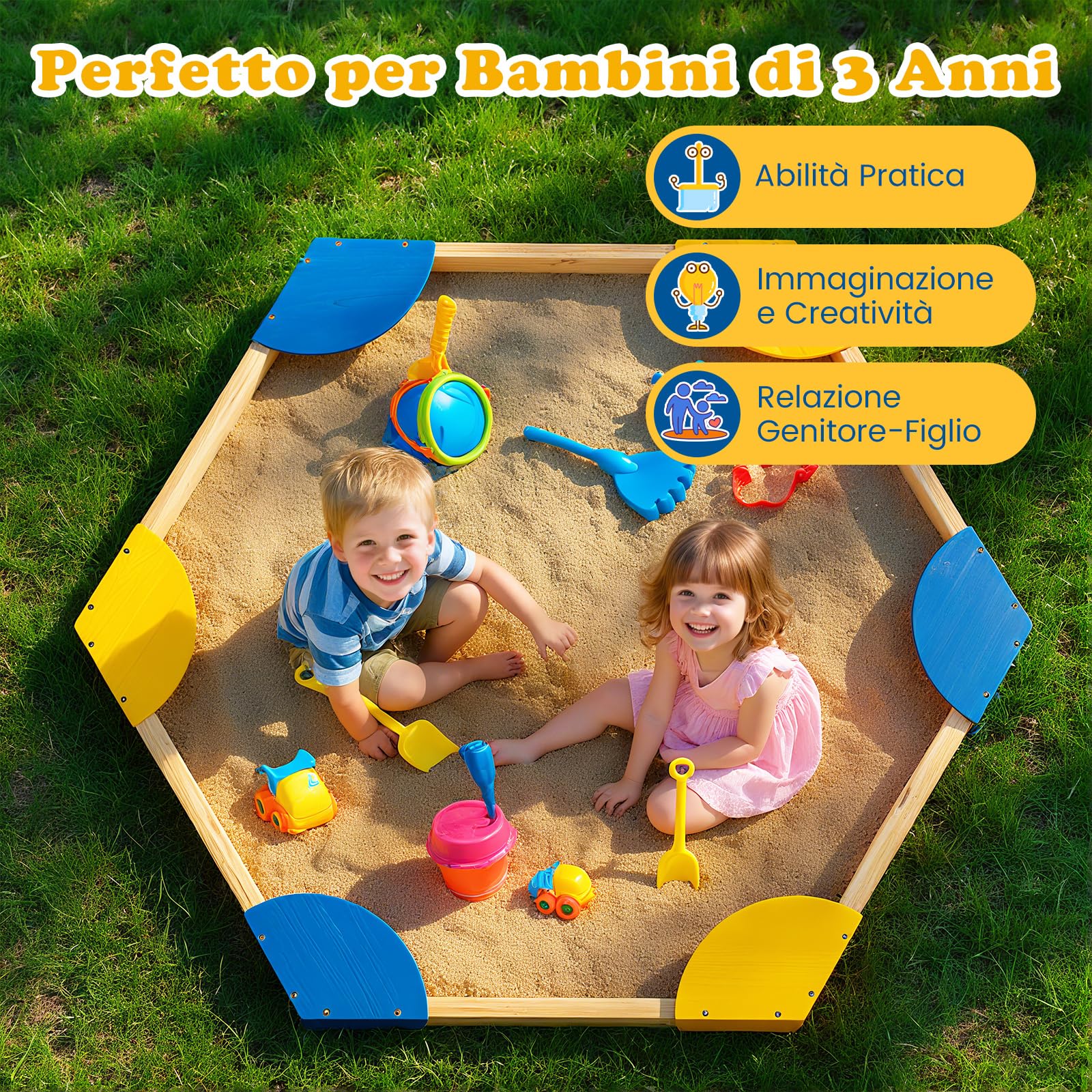 COSTWAY Sabbiera in Legno per Bambini, Combo Piscina di Sabbia e Fioriera Aperta con 6 Sedili per Giardino, 140 x 122 x 14 cm, per Bambini 3 Anni+