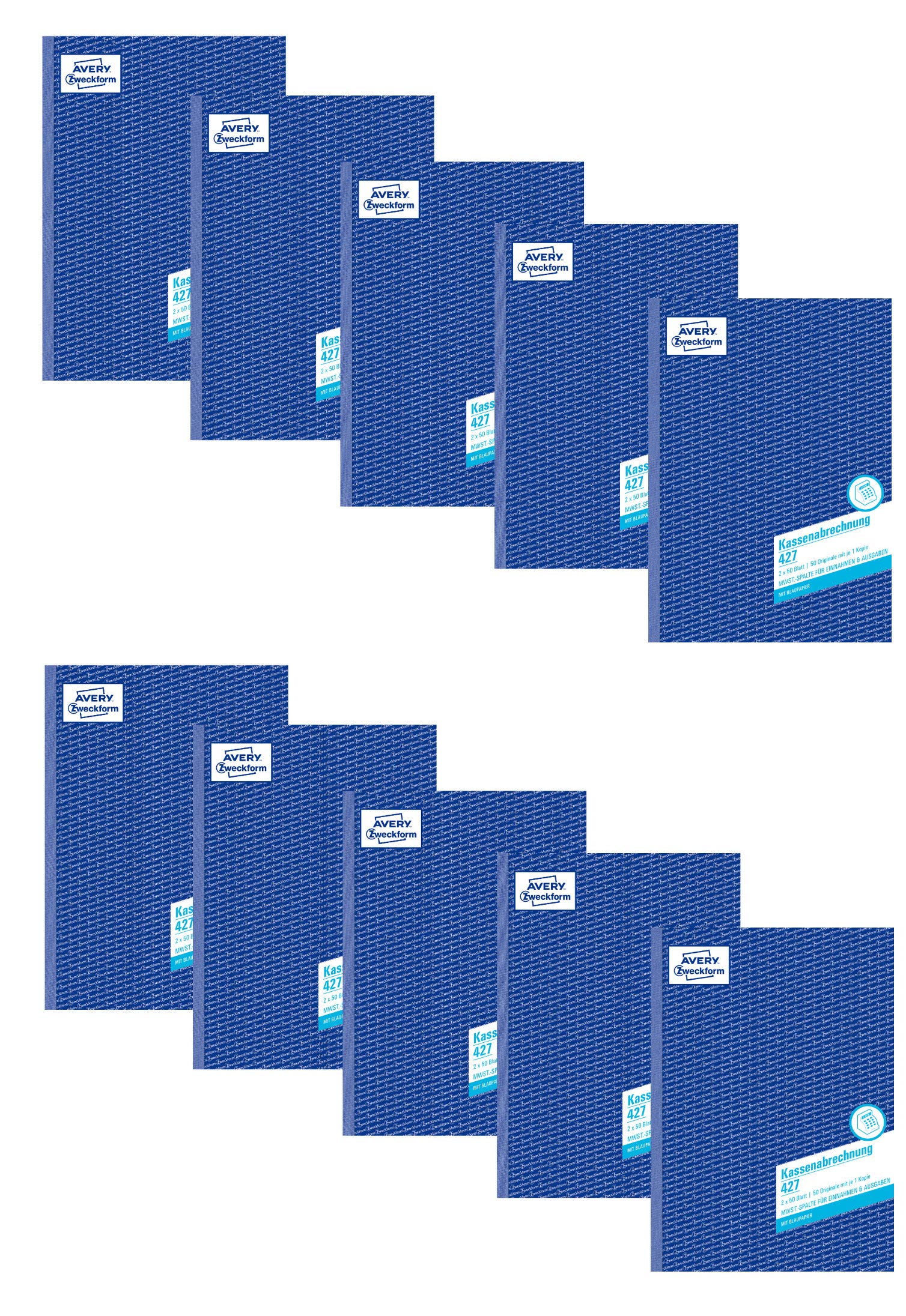 10er Sparpack Avery Zweckform 427-10 Kassenabrechnung (A4, mit MwSt.-Spalte, 2x50 Blatt) 5er Pack, weiß/gelb (10 Stück)
