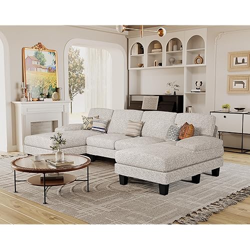 Furmax Sectional Couches for Living Room, U-Shaped Sofa Couch with Linen Fabric, 4 Seat Sofa Set with Double Chaise for Apartment (Loop Yarn, Pearl Gray)