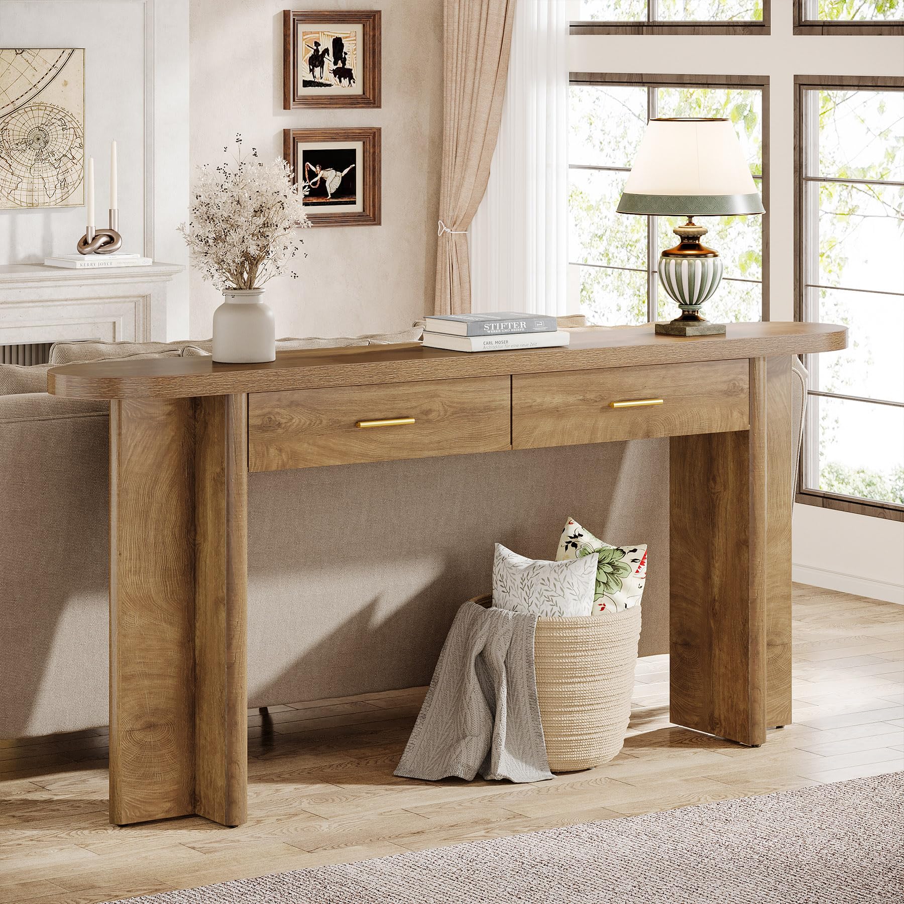 Tribesigns Tavolino consolle con 2 cassetti, 160 cm, in stile rustico, ovale, con vano portaoggetti, per soggiorno, corridoio e ingresso, marrone