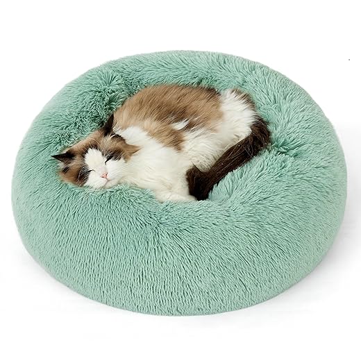 Bedsure Calming Cat Beds for Indoor Cats - Small Cat Bed Washable 20 inches, Anti-Slip Round Fluffy Plush Faux Fur Pet Bed, Fits up to 15 lbs Pets, Garden Green