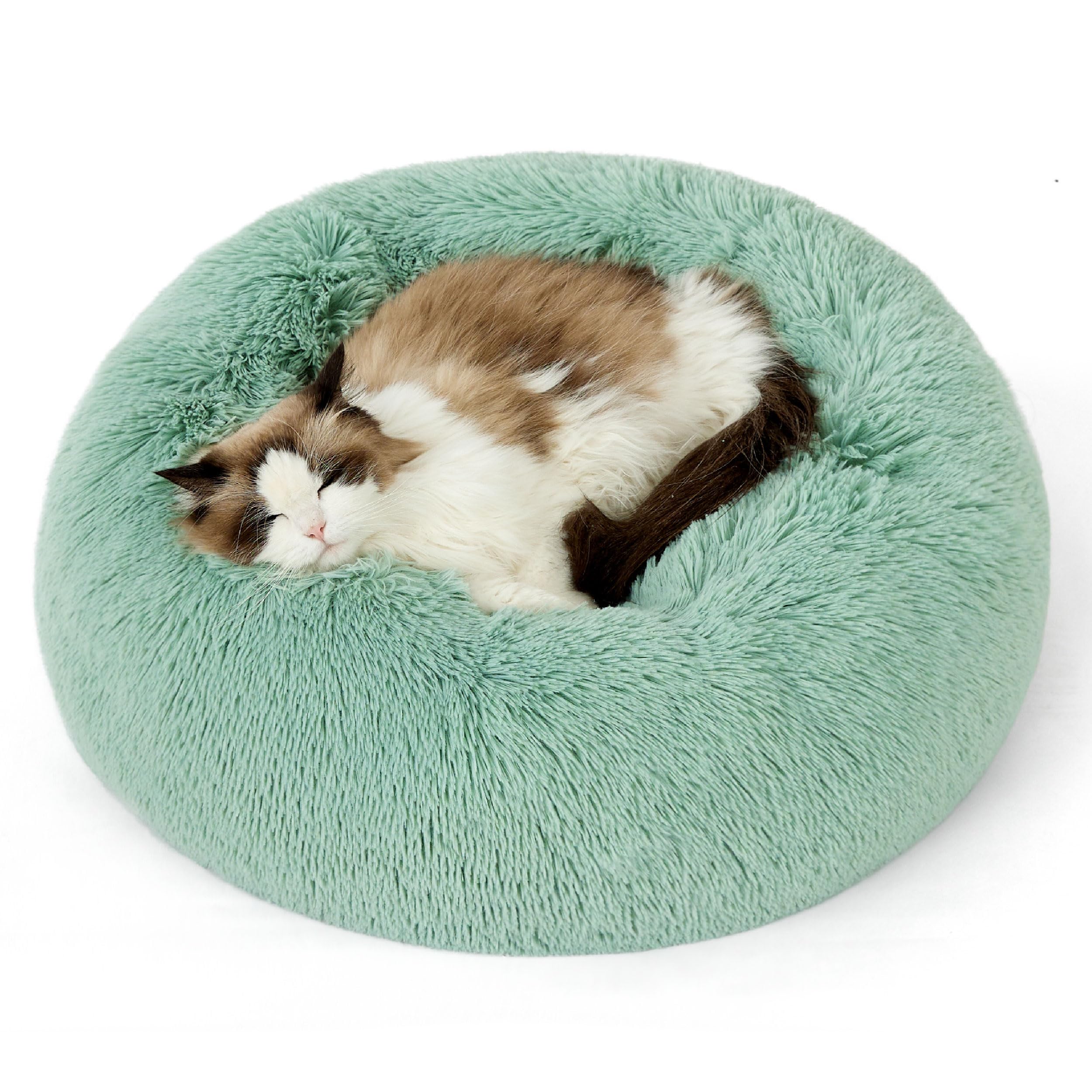 Bedsure Calming Cat Beds for Indoor Cats - Small Cat Bed Washable 20 inches, Anti-Slip Round Fluffy Plush Faux Fur Pet Bed, Fits up to 15 lbs Pets, Garden Green