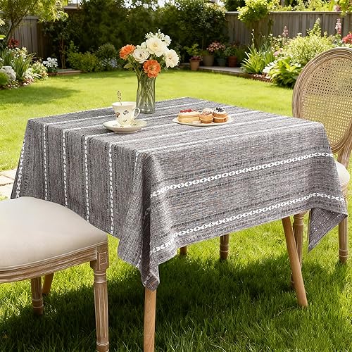 Miniatura 6 de NEWISHER Mantel cuadrado bordado rústico de jacquard a rayas, con textura de lino, lavable, para mesa de comedor, cocina, comedor, decoración del