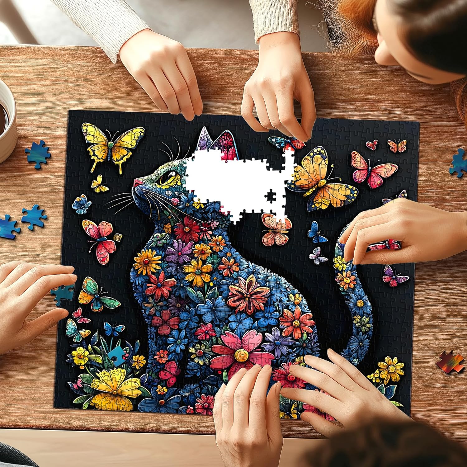 Floral Cat and Butterfly Jigsaw Puzzle for Adults 500 Piece, Colorful Flower Kitten Challenging Jigsaw Puzzle with Poster & Lettered Back, Family Activity Home Decor, 20x20 Inch