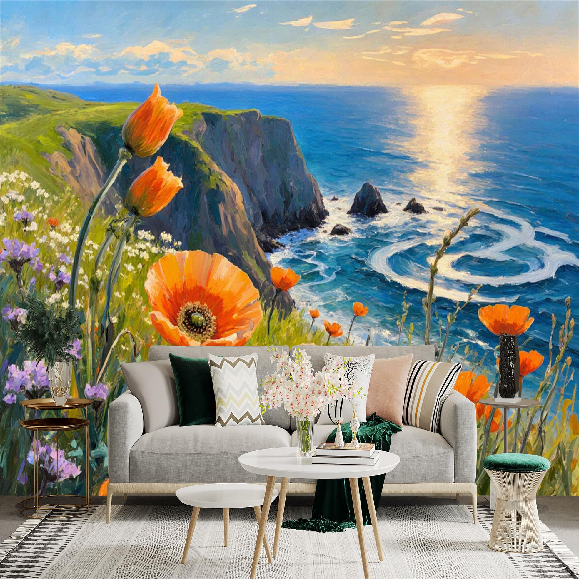 Lnzczhyre Xc260505738 Custom Size Wall Sticker Mural， Orange Wildflowers On Coastal Cliff， Scenic Ocean Sunset， Impressionist Oil Painting Style， For Wall Decoration， Peelandstick Wall Decals.
