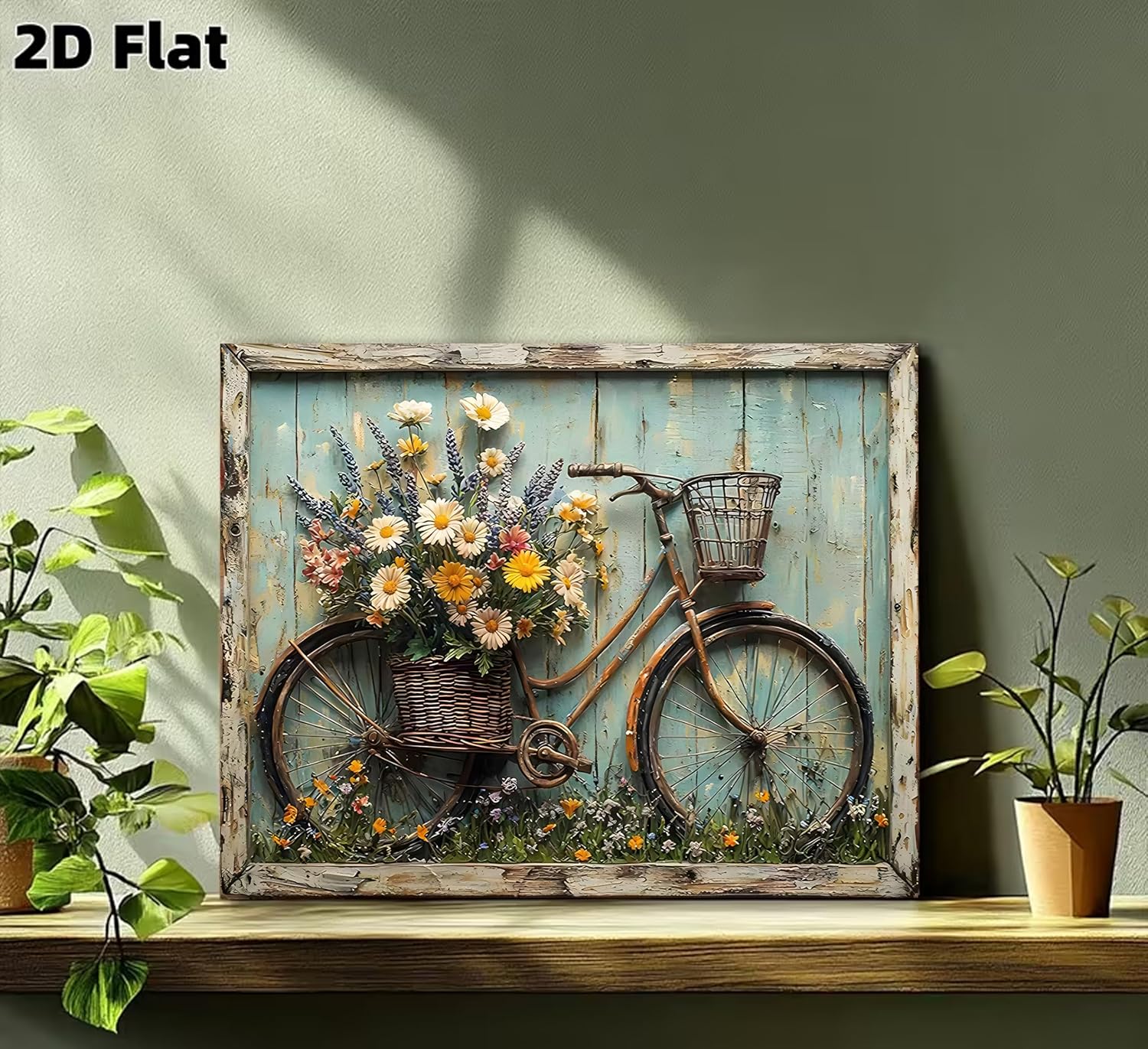 Rustic Farmhouse Daisy Floral Canvas Wall art Vintage Bicycle Flowers Painting Picture Wall Decor Flower Still Life Poster Print Artwork for Bathroom Living Room Bedroom Home Decoration