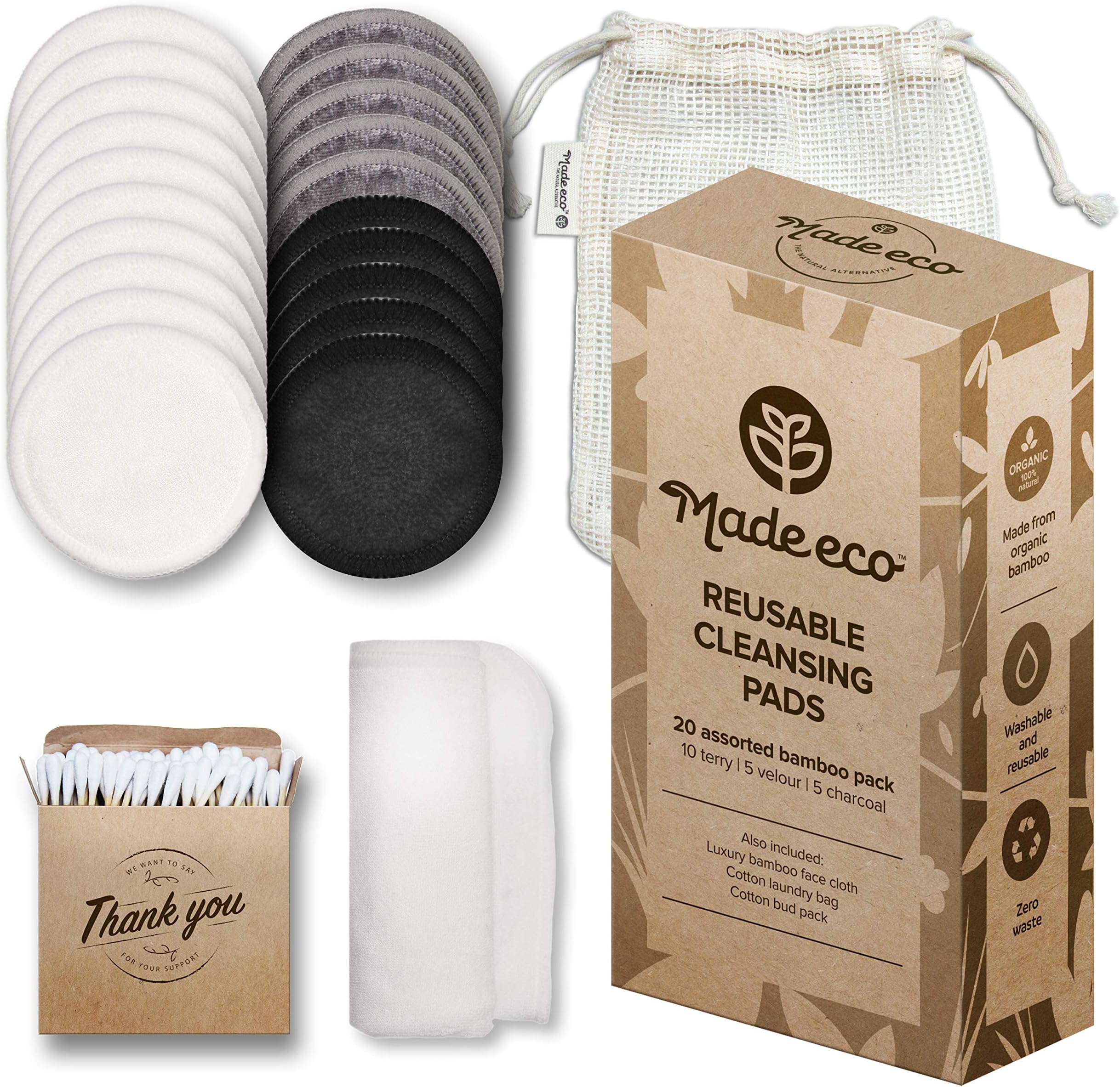 Bamboo Pads by MadeEco – 20 Count Reusable Rounds – Washable Makeup Removing Pads with Bamboo Terry, Velour and Charcoal – 8 cm Planet-Friendly Eye Pads + 100 Bamboo Cotton Buds and Terry Face Cloth