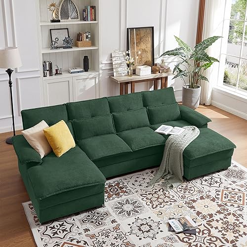 110" Comfy Cloud Couch Sectional Sofa with Lumbar Pillows, Modern U-Shaped Cloud Sofa with Double Chaise & Deep Seat for Living Room, or Office, Easy Assembly, Dark Green