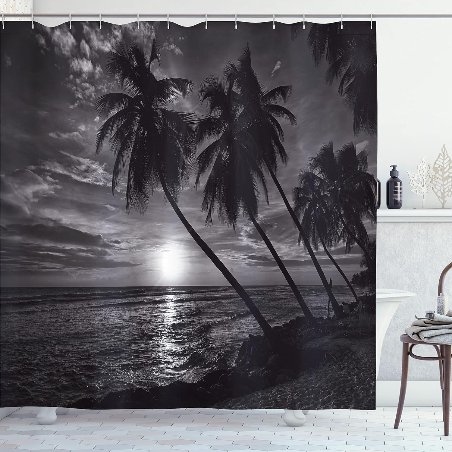 Ambesonne Tropical Shower Curtain, Coconut Palm Trees on Beach Bend by The Wind Horizon Over The Sea Picture, Cloth Fabric Bathroom Decor Set with Hooks, 69" W x 84" L, White and Black