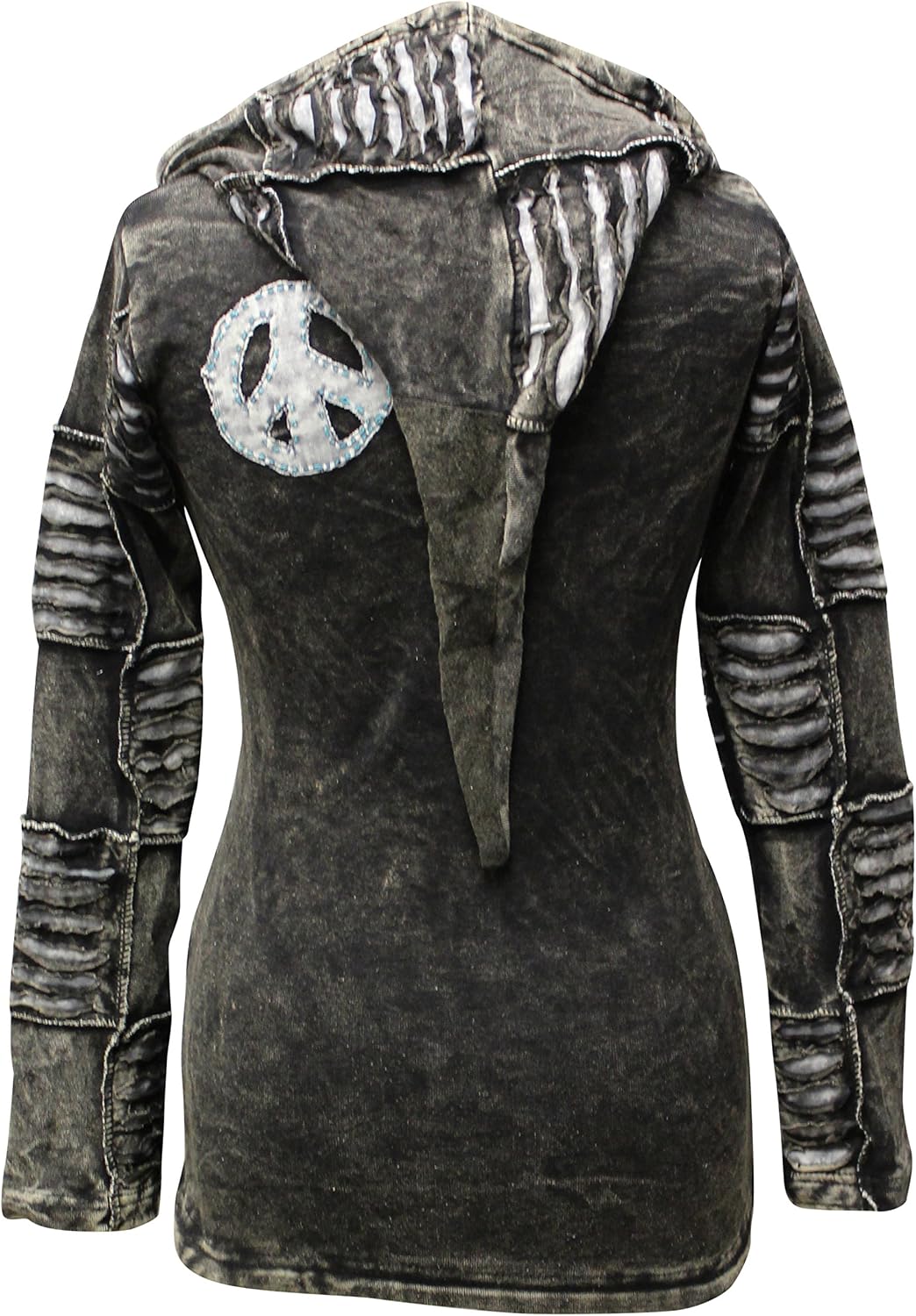 Shopoholic Fashion Women Pointy Hooded Om Gothic Style Stonewashed Razor Cut Zip Up Hoodie