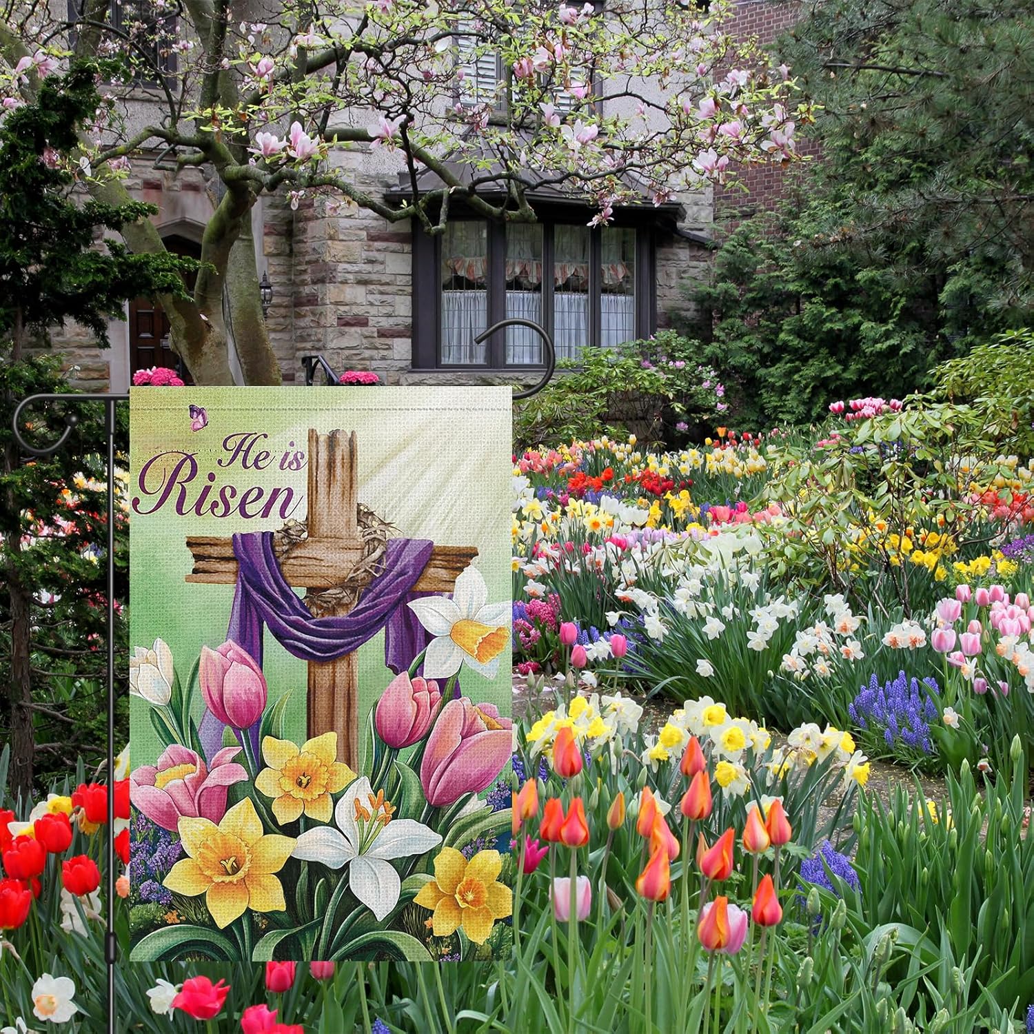 Heyfibro Easter Cross Garden Flag He is Risen Religious Garden Flags 12x18 Double Sided Burlap Lily Tulip Flower Yard Flag for Easter Holiday Farmhouse Yard Outdoor Decor(ONLY FLAG) - Image 3