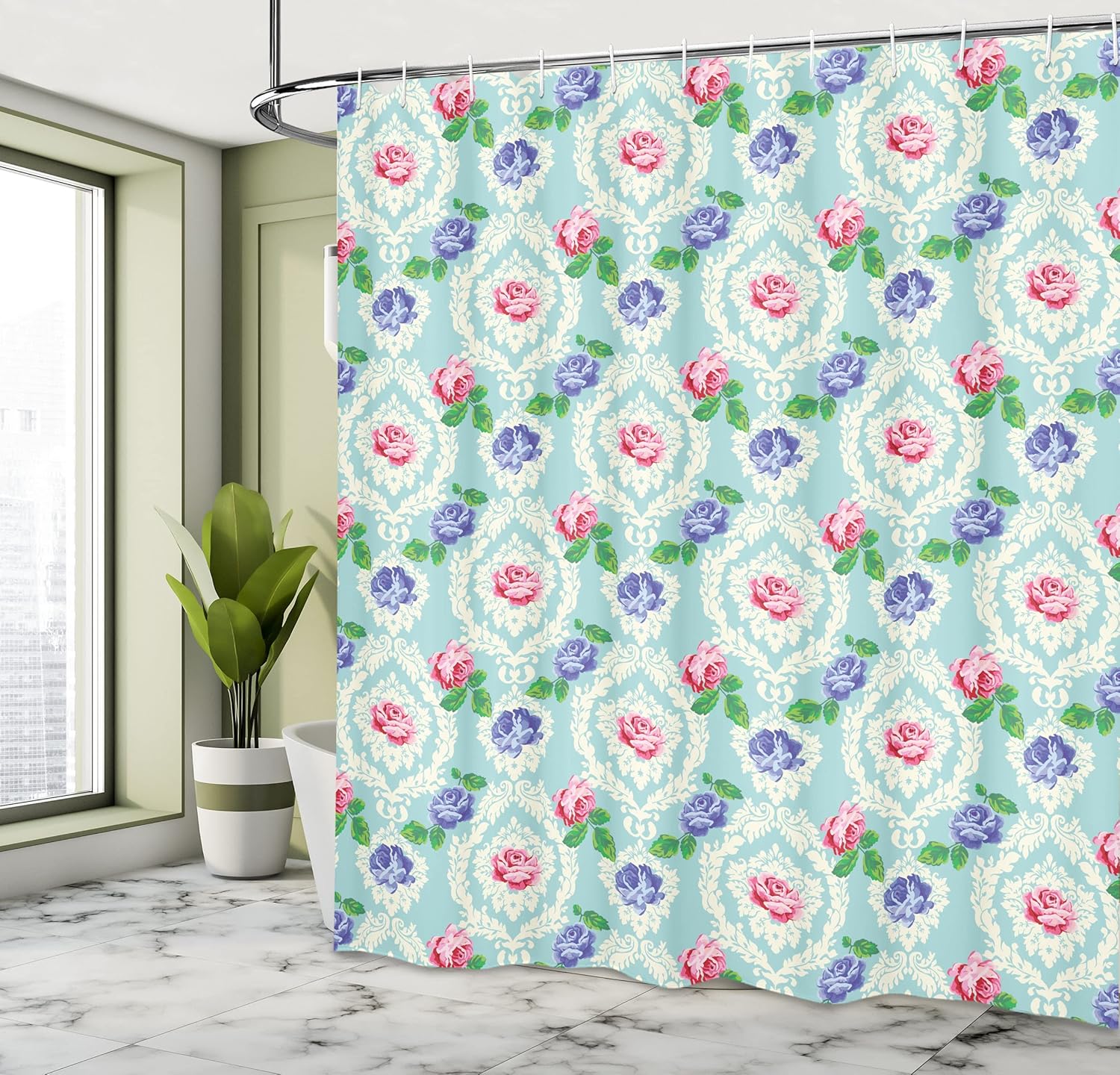 Ambesonne Shabby Flora Shower Curtain, Baroque Inspired Colorful Roses on Victorian Pattern Fragrance Buds Art, Cloth Fabric Bathroom Decor Set with Hooks, 69" W x 70" L, Pale Blue
