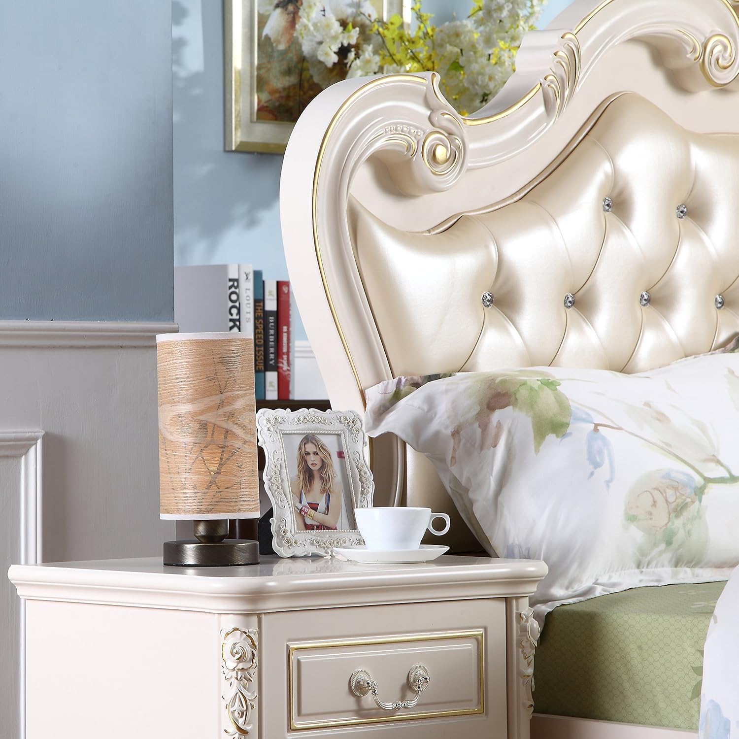 Bieye L10272 Birds in The Tree Wooden Style Table Lamp Night Light with Wood Lampshade Bronze Metal Base for Bedside Bedroom Living Room, Cylinder-Shaped (Bronze)