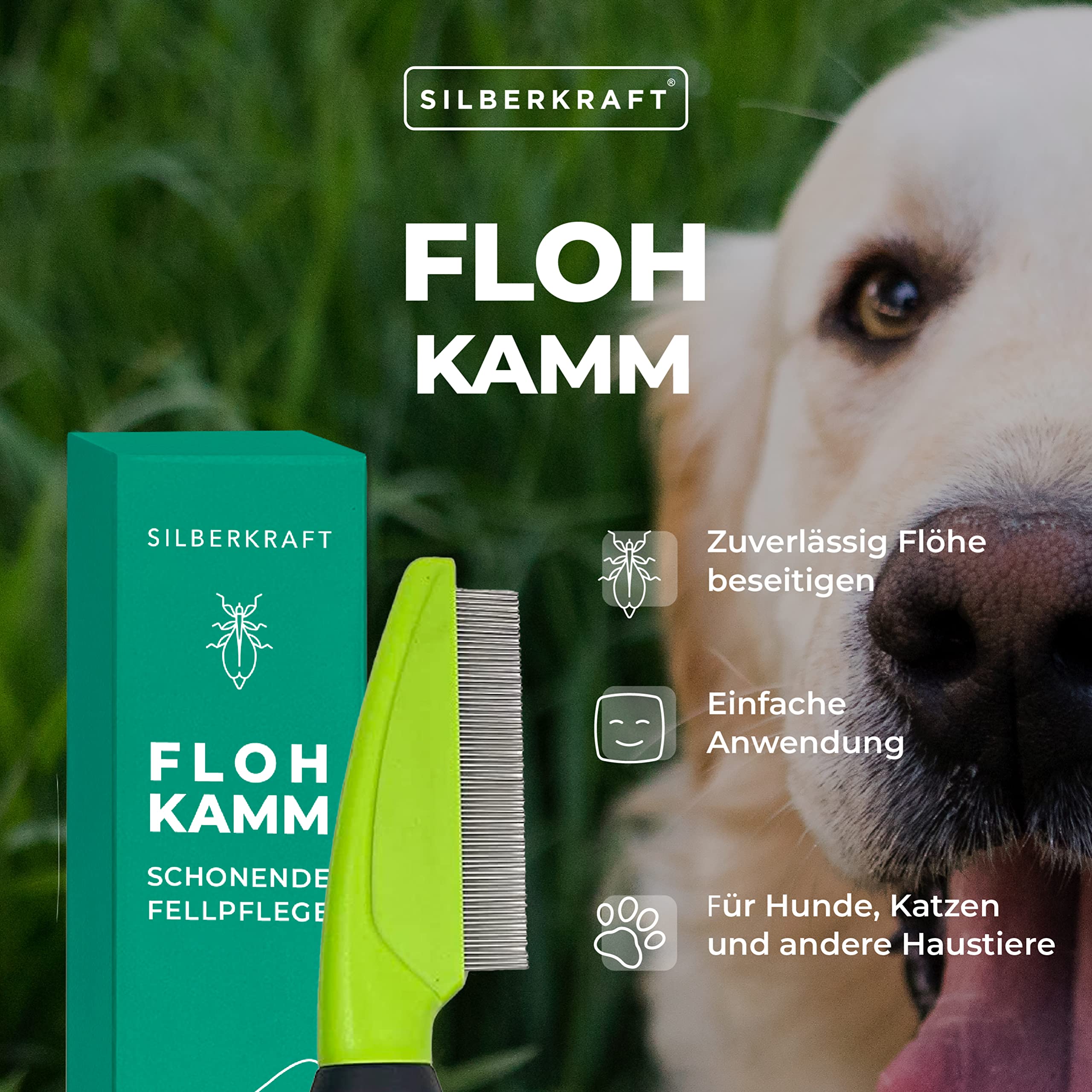 Silberkraft Peigne anti-puces pour chien, chat et autres animaux domestiques,Soin doux grâce aux dents en métal arrondies,Peigne à poux, les parasites, les parasites et les vermines