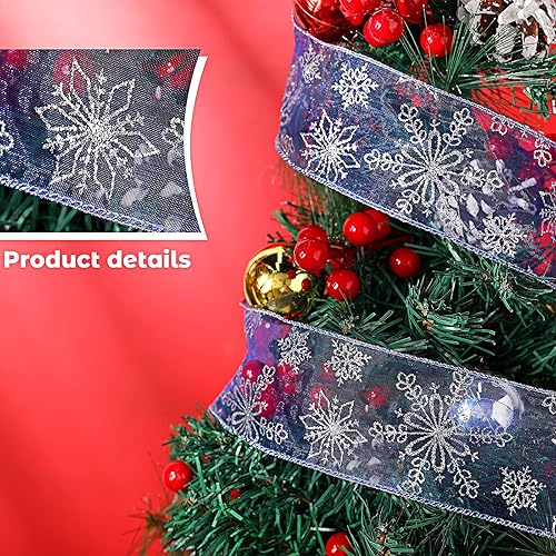 Miniatura 5 de Cinta de organza de 2.5 in de ancho, con copos de nieve, cinta transparente con purpurina con carrete para envolver regalos, decoración de fiesta de
