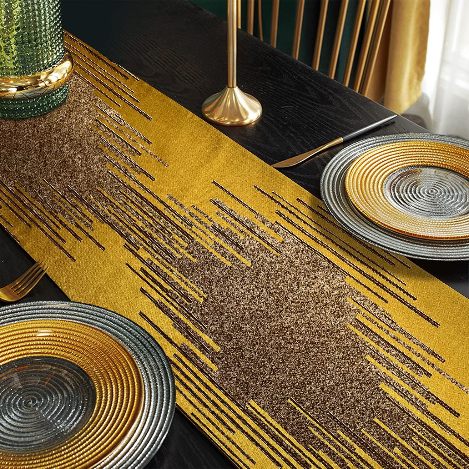 Gold Table Runner 72 Inches Long Luxury Abstract Geometry Thick Fabric Handmade Embroidery Pattern for Home Living Room Bedroom Dinner Room Art Decor Party