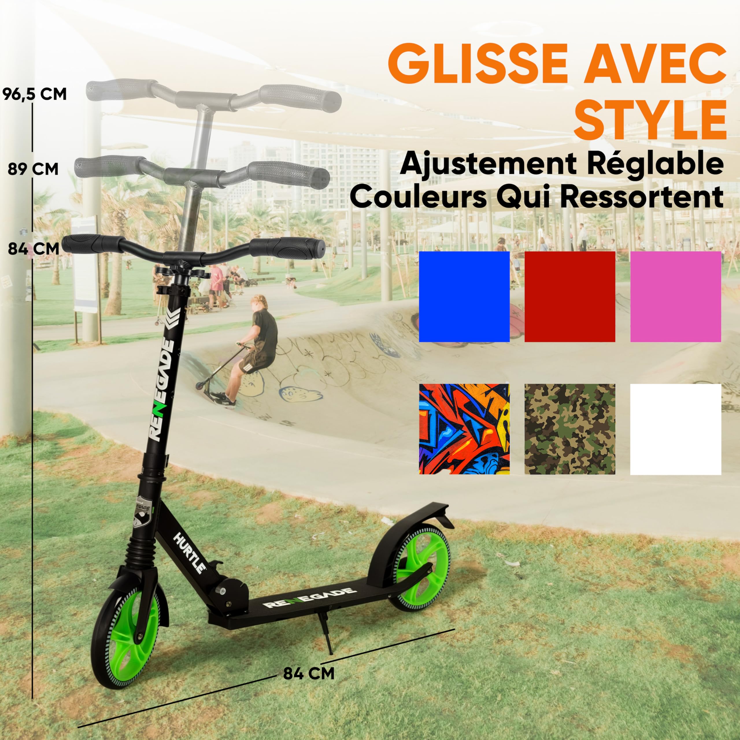 Hurtle Trottinette Pliable Grandes Roues – City Scooter Enfant Ado Adulte Jusqu’à 100 kg, Guidon Réglable, Plateau Antidérapant, Frein à Pied, Béquille, Sangle, pour École, Loisirs, Ville