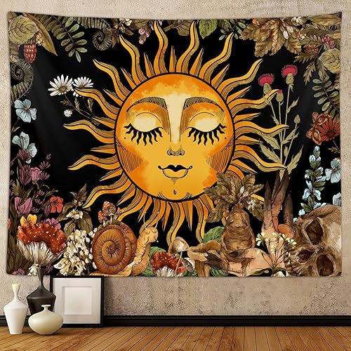 Tapiz bohemio para dormitorio, estético, con plantas vintage, hongos, botánico, sol y luna, para colgar en la pared para dormitorio, sala de estar,
