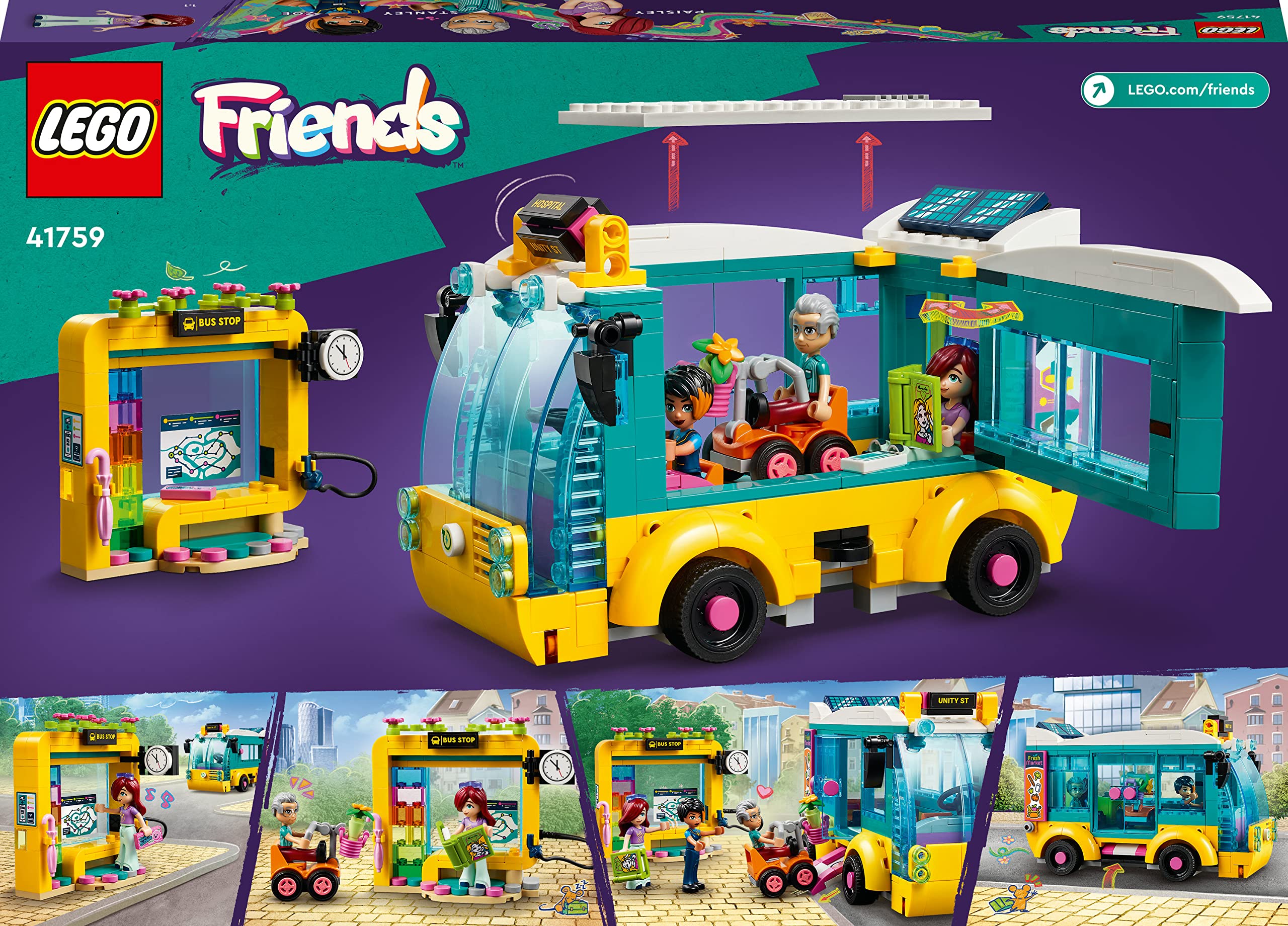 LEGO Friends Autobus miejski z Heartlake, Pojazd z Klocków z Minilaleczką Paisley, Zabawka dla 7-latka, Pomysł na Prezent dla Dziewczynki i dla Chłopca, 41759