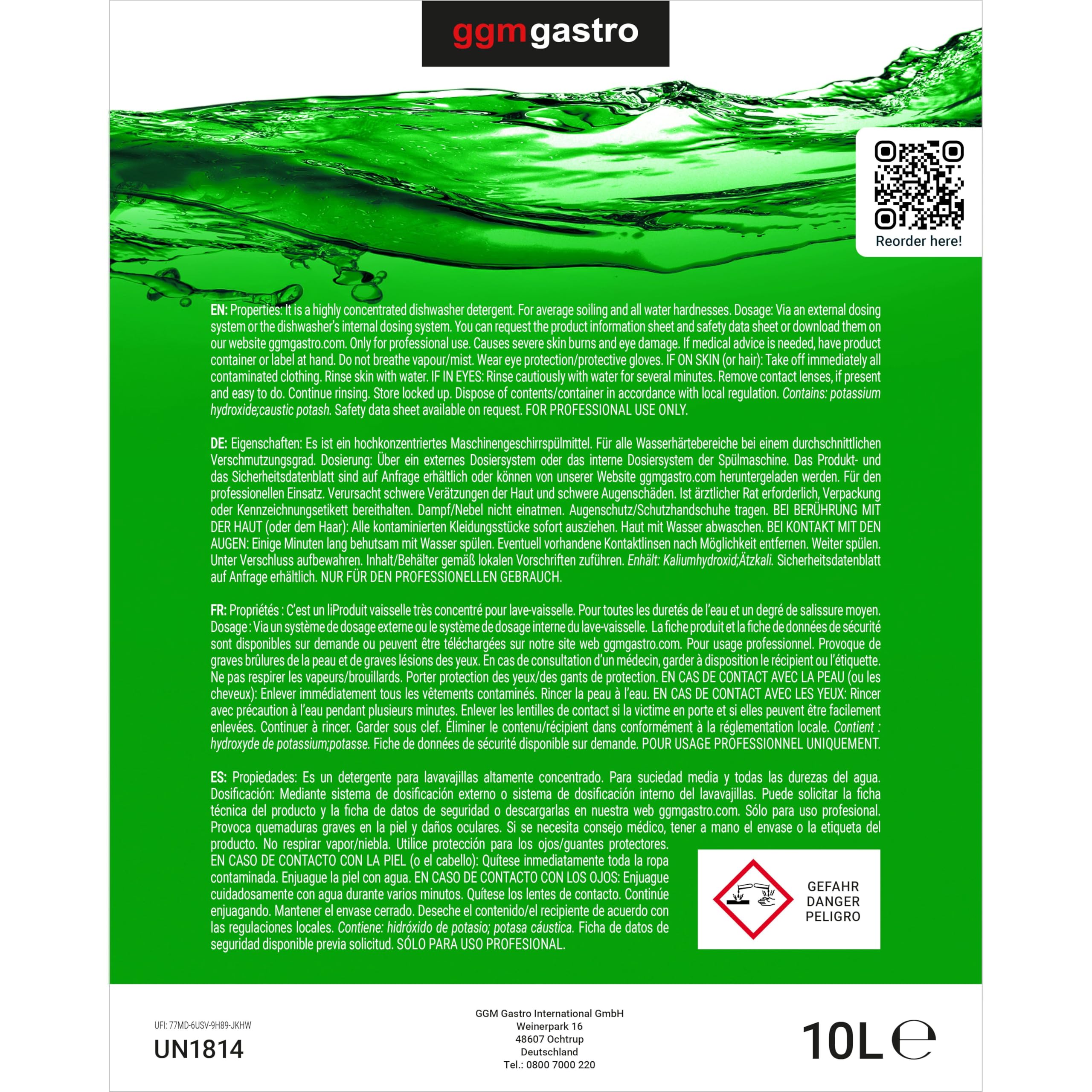 GGM Gastro Maschinenspülreiniger BASIC 10 l | Hochwirksames Profi-Konzentrat, phosphatfrei, umweltbewusste Rezeptur, für strahlende Sauberkeit, ideal für Dauereinsatz