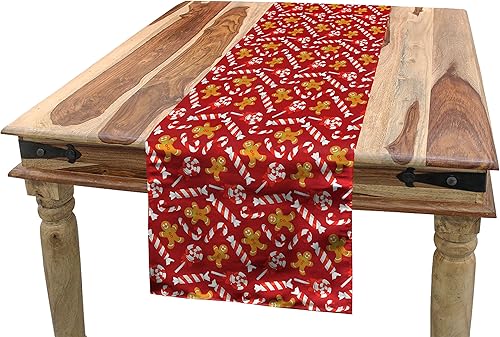 Lunarable Camino de mesa de bastón de caramelo, hombre de jengibre y dulces tradicionales de Navidad, Año Nuevo, comedor cocina, camino rectangular